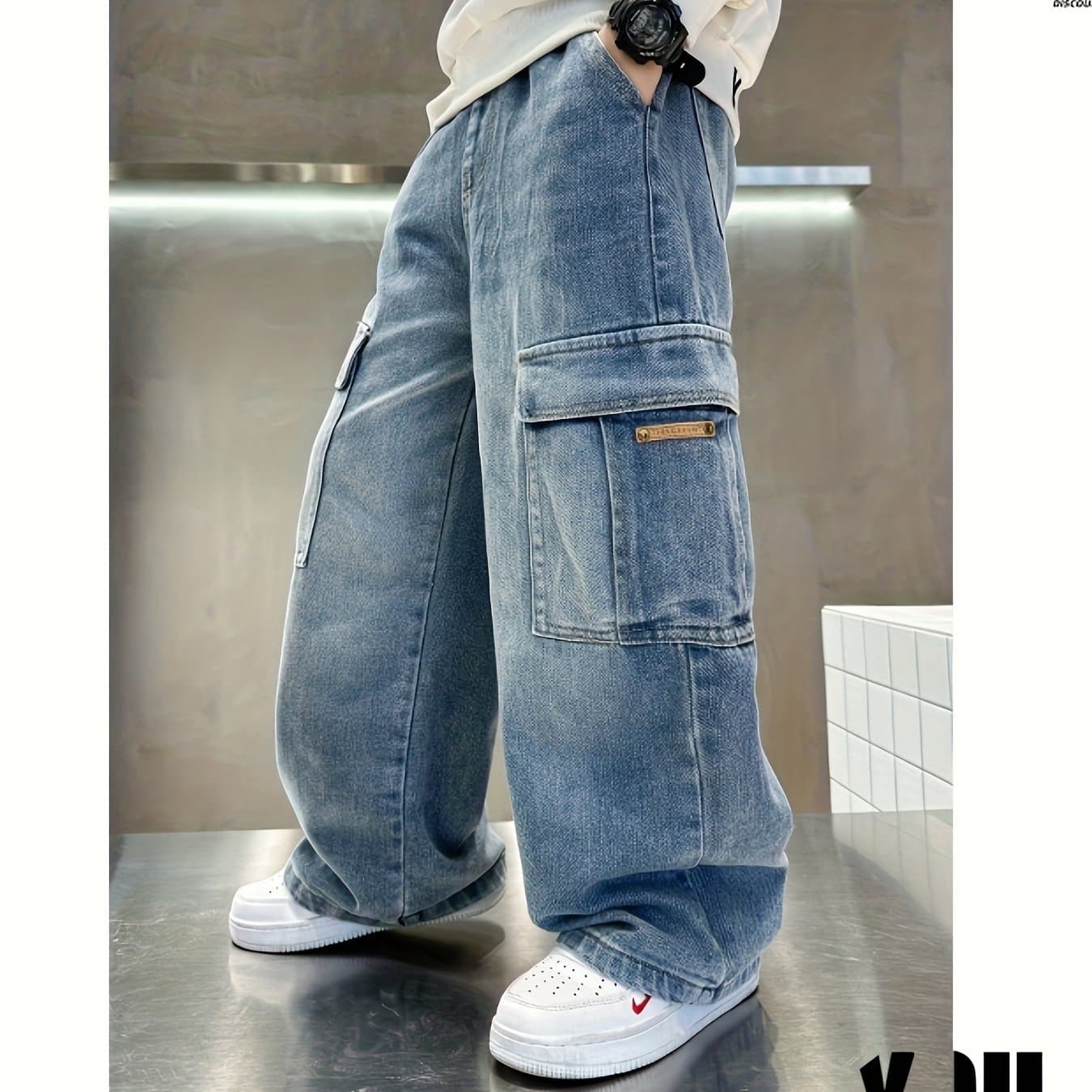 TEMU 2026 Boys' Baggy Cargo Jeans - Machine Wash Non Stretch, 7-15 Years. Workwear Pants, For Cool & Boys. Trendy Loose Fit For Autumn., For Teenager, For Teenager