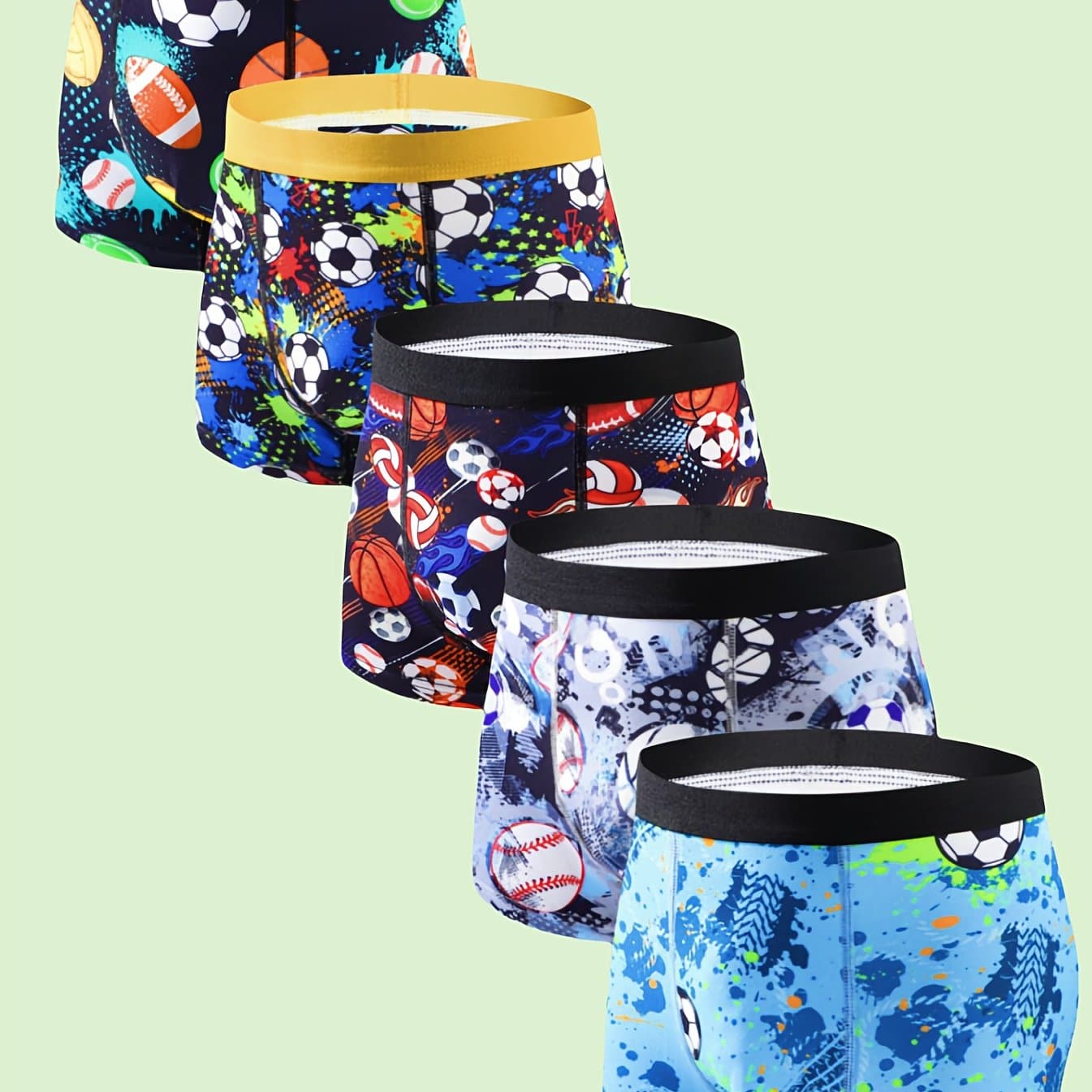 TEMU 5pcs Boys' Cartoon Print Boxer Briefs, Polyester Knit Fabric, Sports Style, Regular Fit, Underwear With Baseball, Football, , Patterns