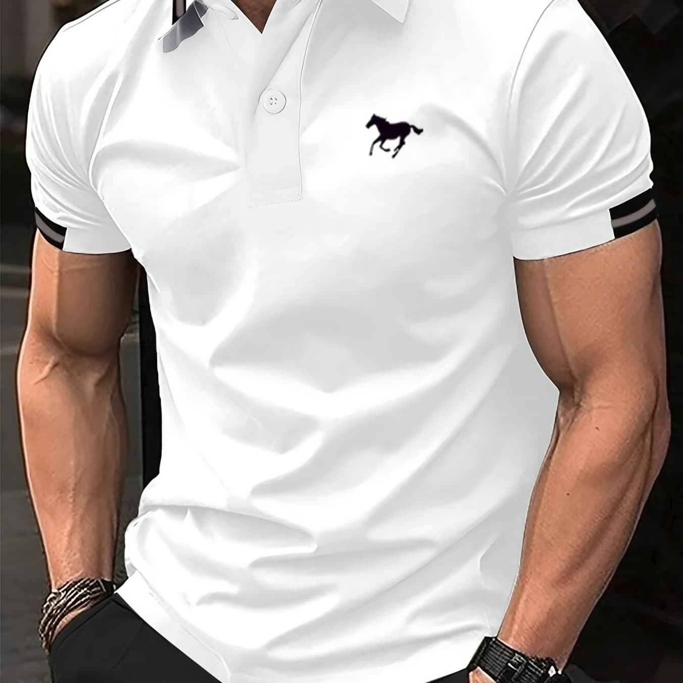 TEMU Fashion Men's Color Block Decoration Short Sleeve Shirt, Collar Graphic Horse Work Casual Husband