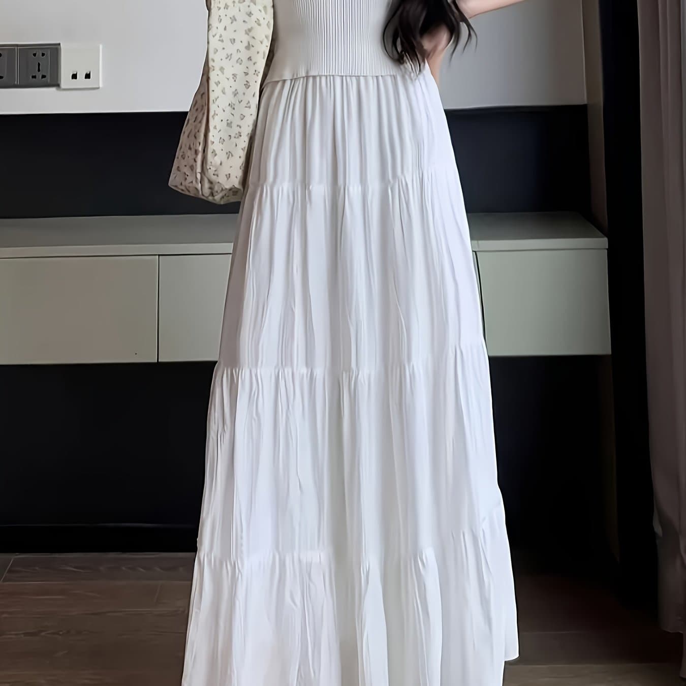 TEMU A Stylish White French Long Skirt With An Elastic Waistband, Featuring A A- And A Lining To Prevent , Perfect For Women.