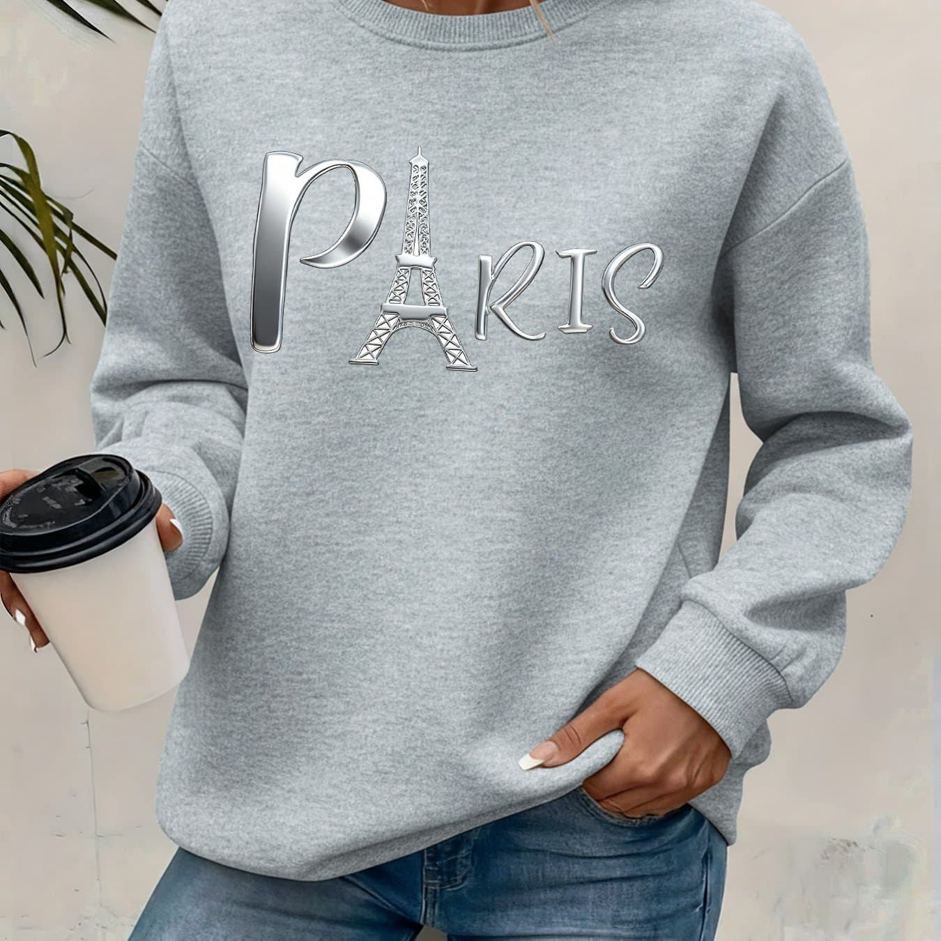 TEMU Women's Stylish Round-neck Sweatshirt, Featuring A Printed Design, Autumn And Winter With Added Fleece