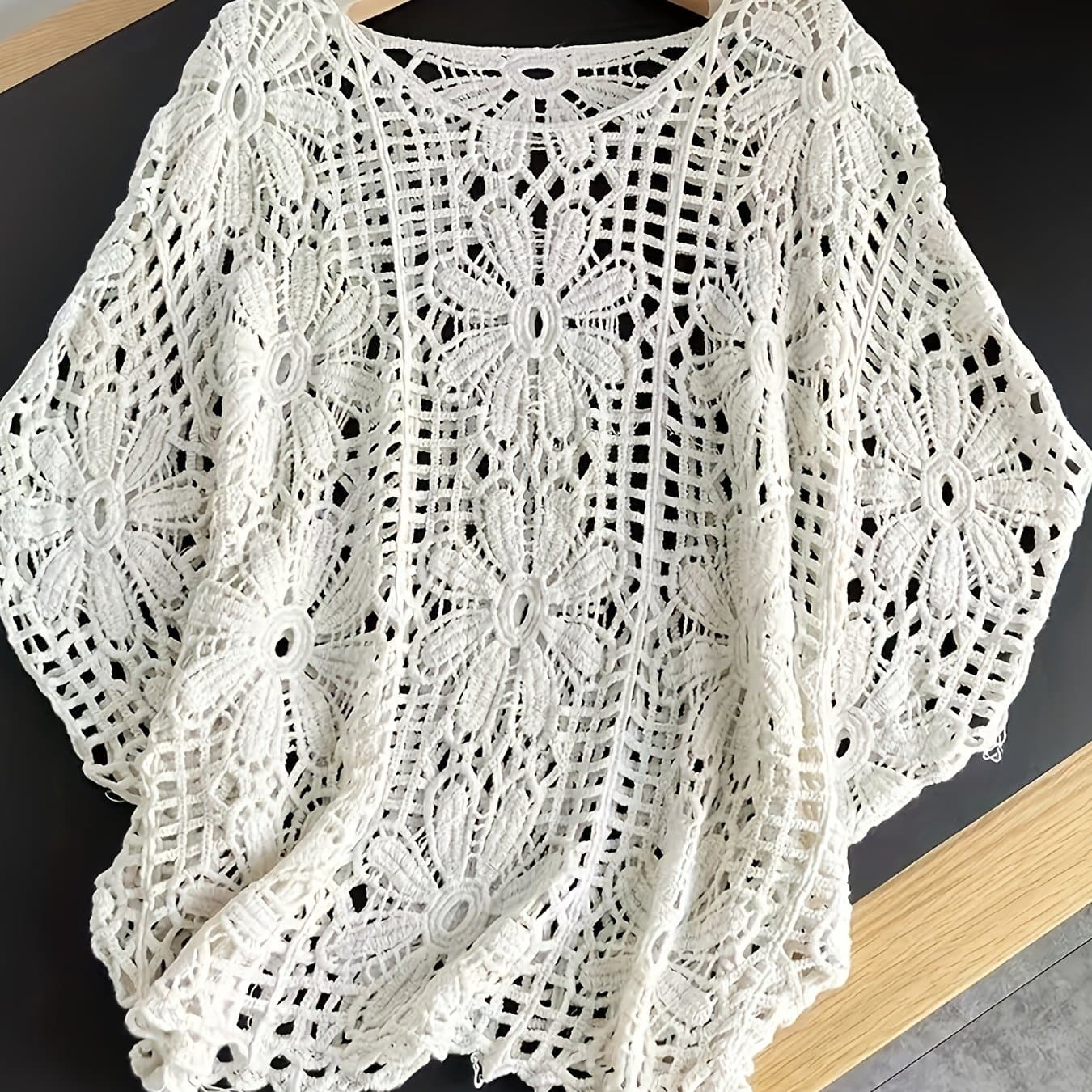 TEMU Solid Color Hollow-out Round Neck Pullover