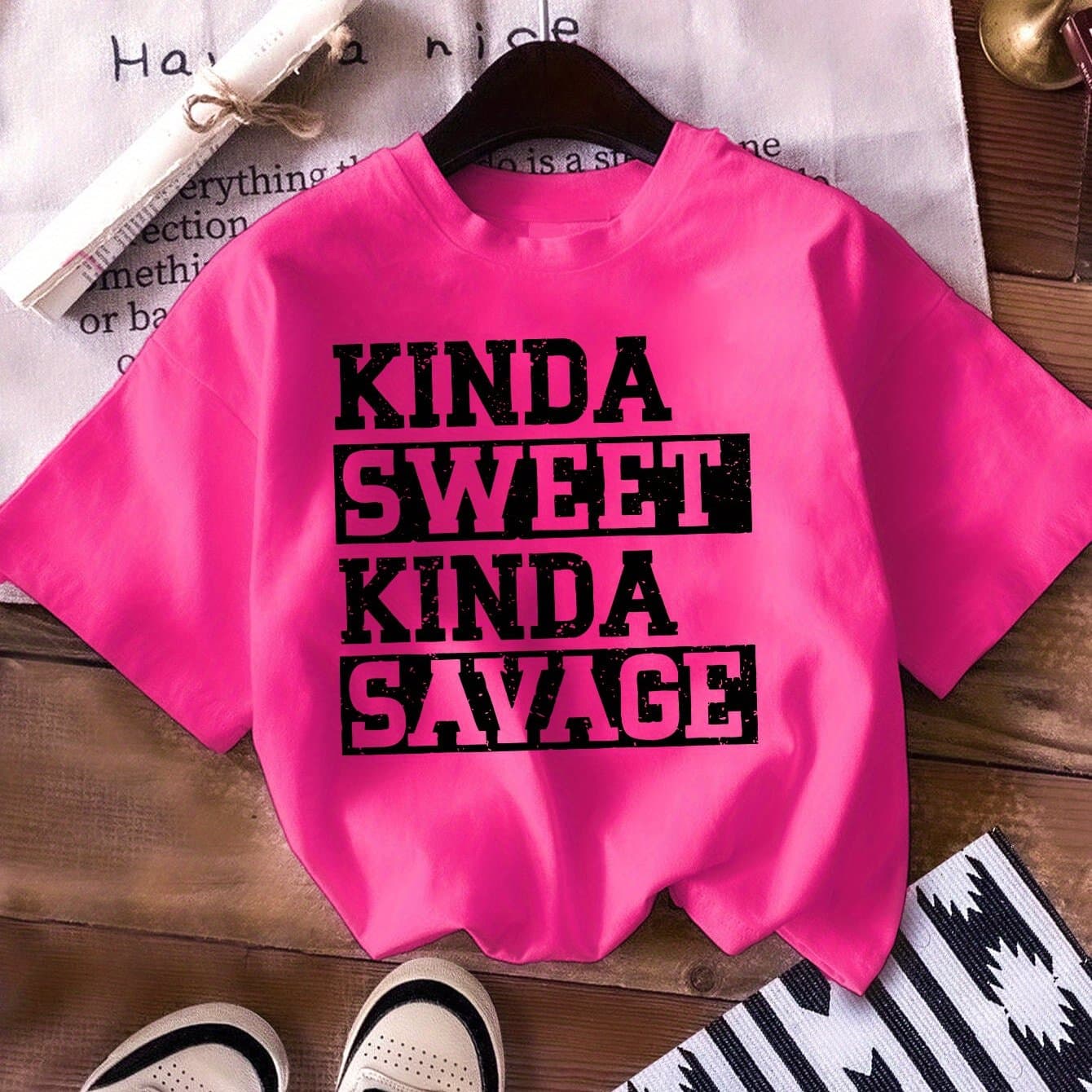 TEMU Girls " Sweet Savage" Print 100% Cotton Short Sleeve T-shirt, Comfy Casual Tees For Girls Summer