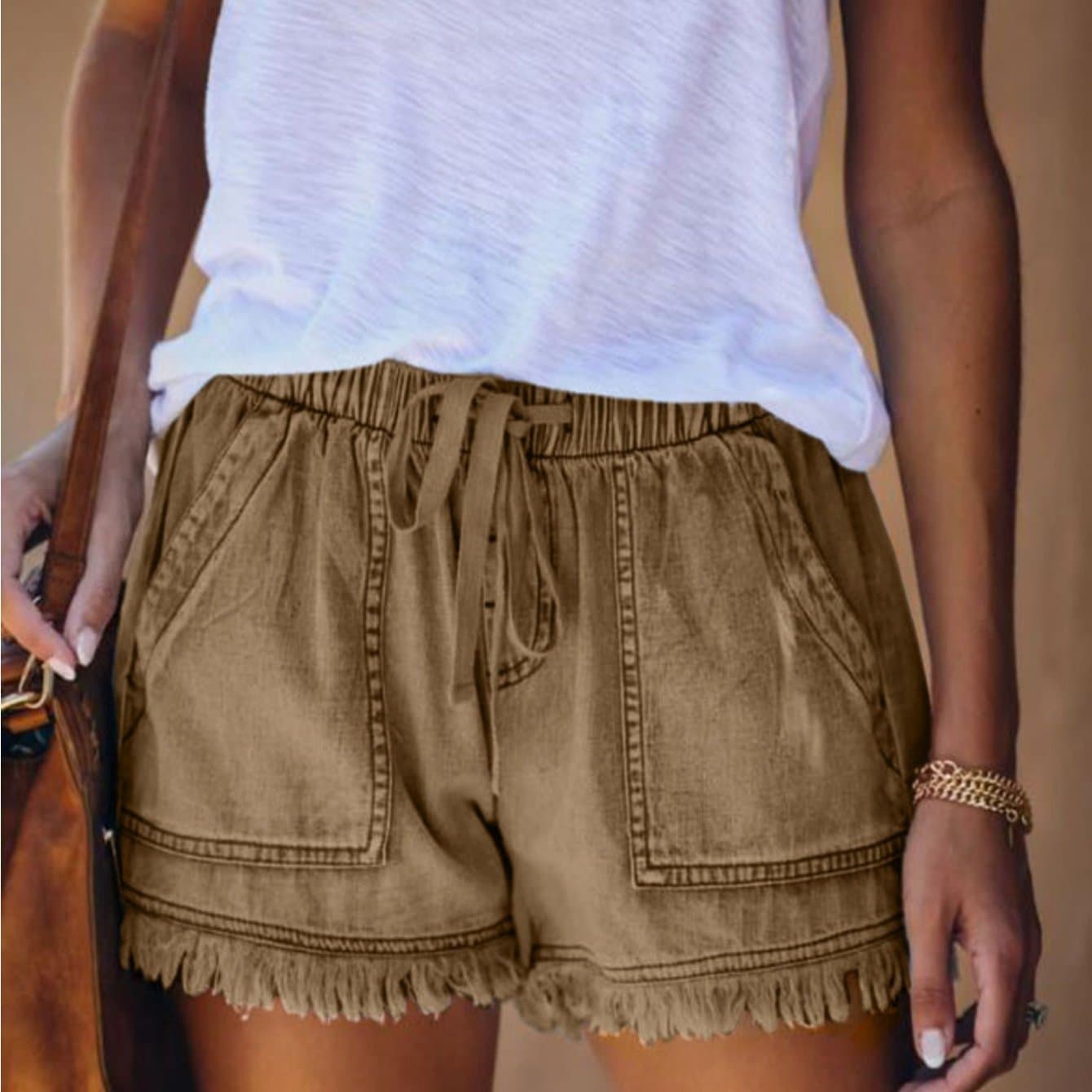 TEMU Elastic Waist Denim Shorts Women's Hem Fringe Shorts Fit Casual Summer Bottoms