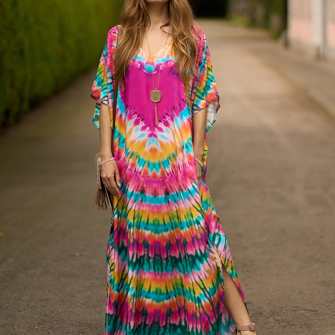 TEMU Women's Bohemian Beach Cover-up Dress, Spring/summer Fashion, Plus Size Kaftan, Casual Swimwear