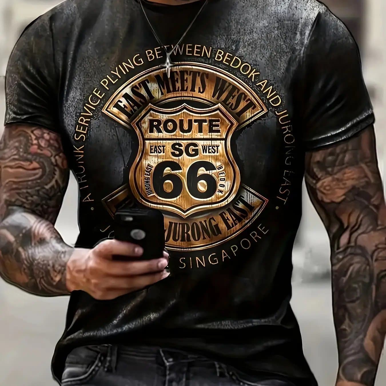 TEMU Men's Retro Route 66 Graphic T-shirt - Classic Route 66 Sign Design, Lightweight Polyester Fabric Unisex Summer Casual Top, Ideal Gift For Dad, Husband, And Enthusiasts, Plus Size