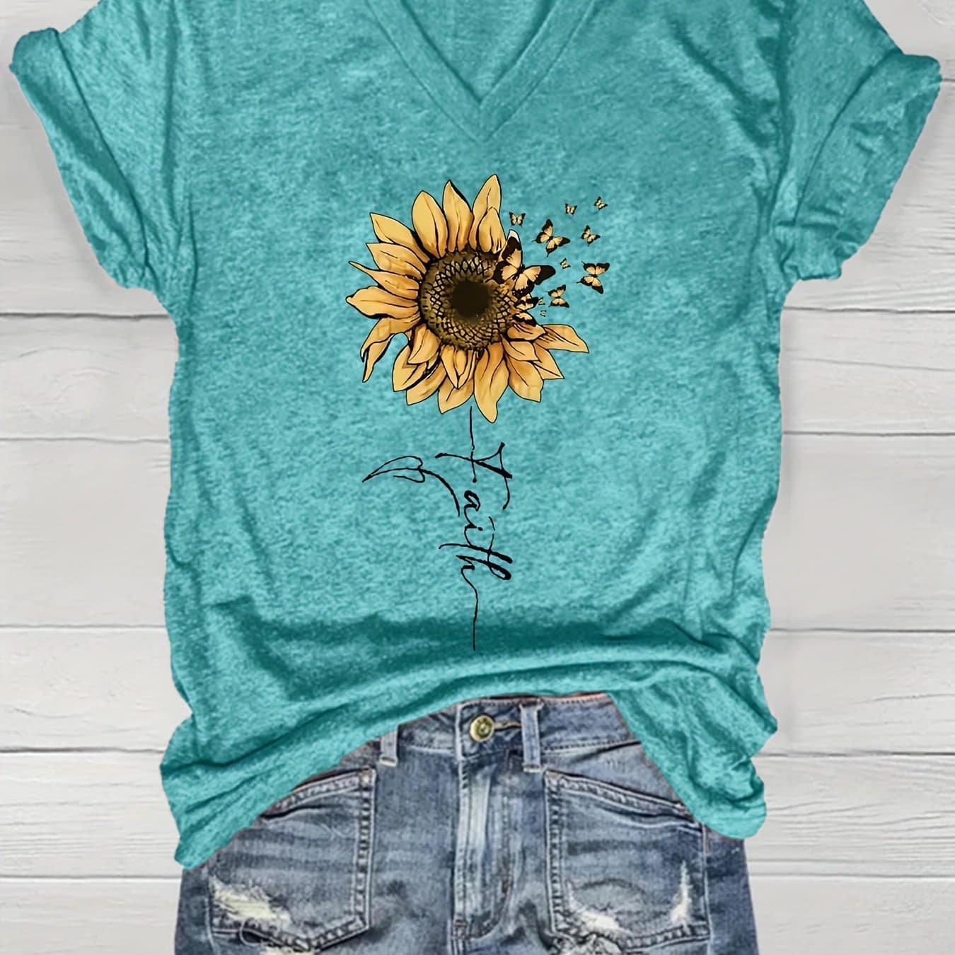 TEMU /summer Style V-neck Short Sleeve Loose Fit Casual Women's Top With Floral Print, Comfortable And Fashionable - Suitable For Daily Wear And Lounging And Summer