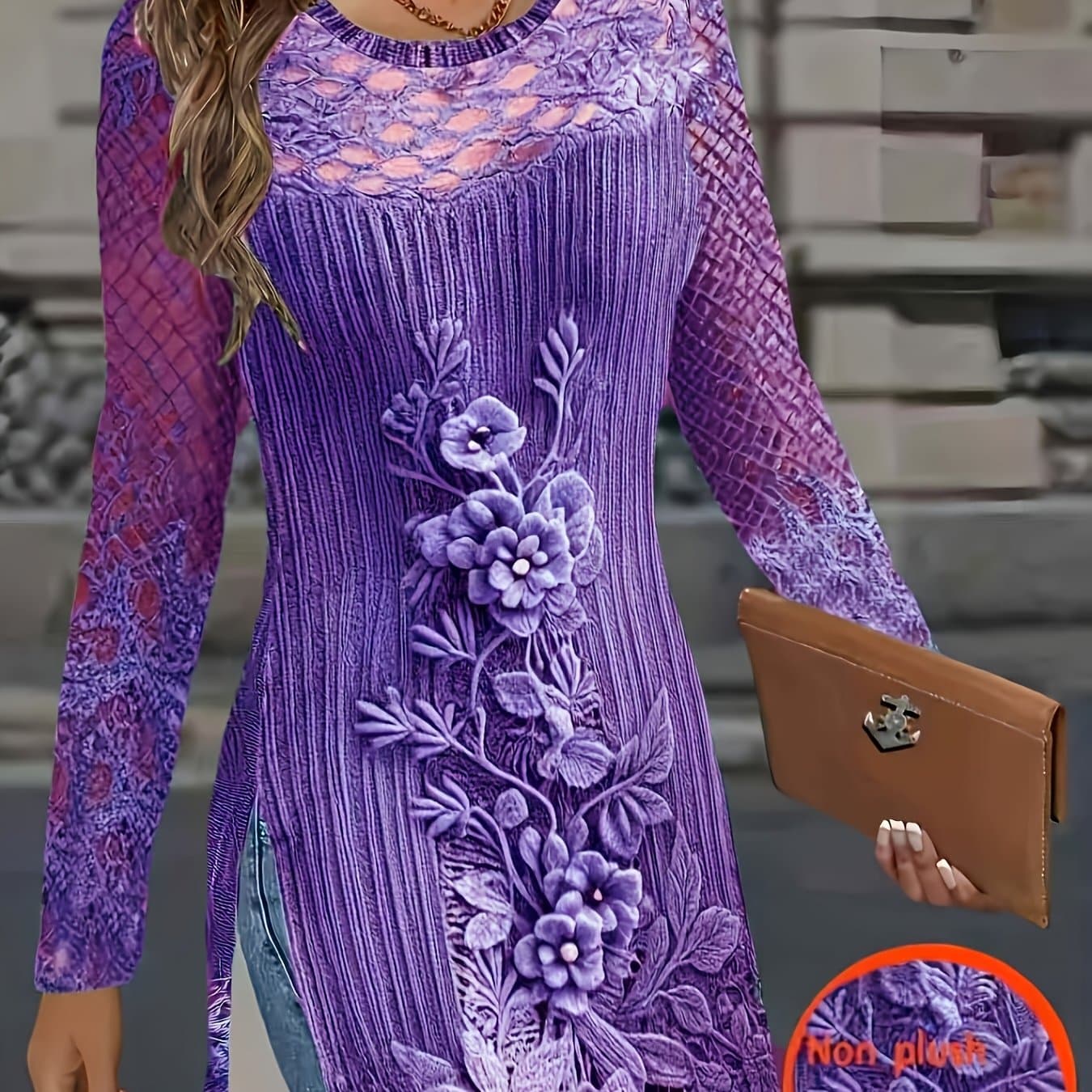 TEMU 2d Flat Printing Long-sleeved T-shirt Women's Slit Dresses, Dresses, Dresses, Low-priced Dresses, Elegant And Unique Dresses, Elegant Event Dresses, Casual And Elegant Dresses, 2d Flat