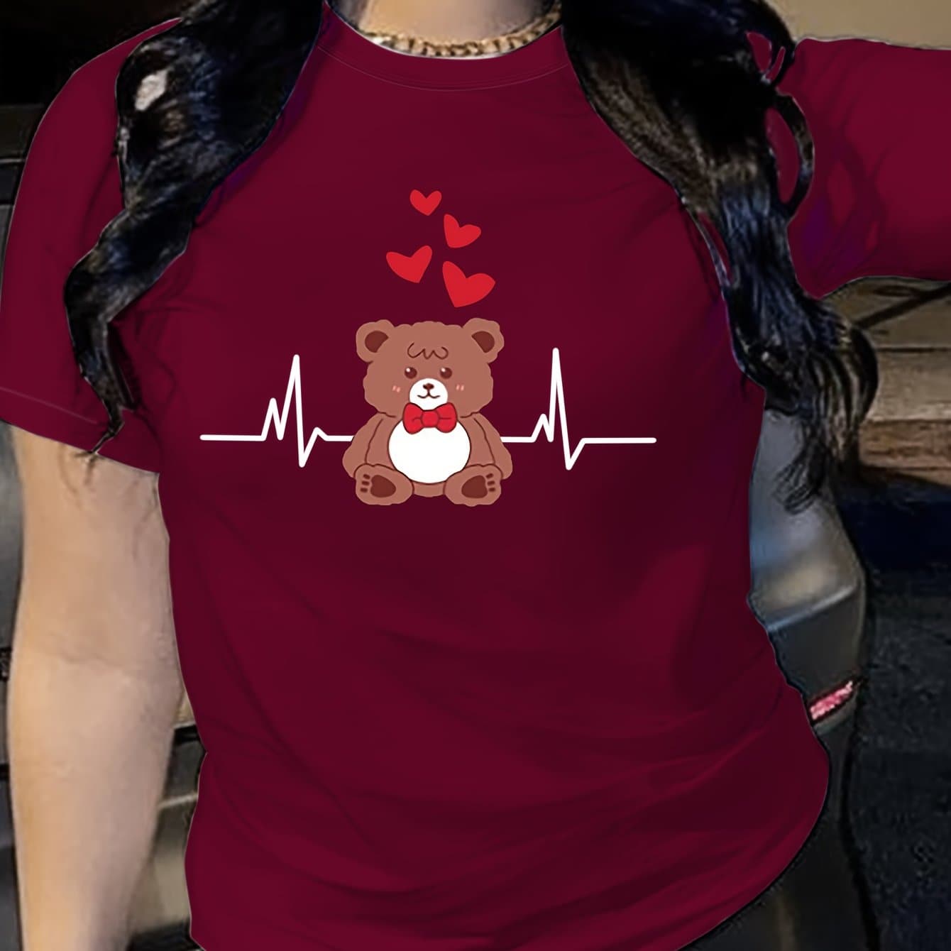 TEMU Cartoon Bear Print T-shirt, Short Sleeve Crew Neck Casual Top For Summer & Spring, Women's Clothing