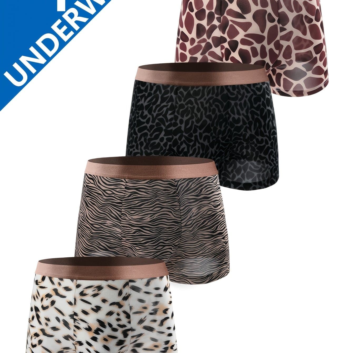 TEMU Set Of 4 Men's Leopard Pattern Boxer Shorts, Trendy And Cozy Undergarments