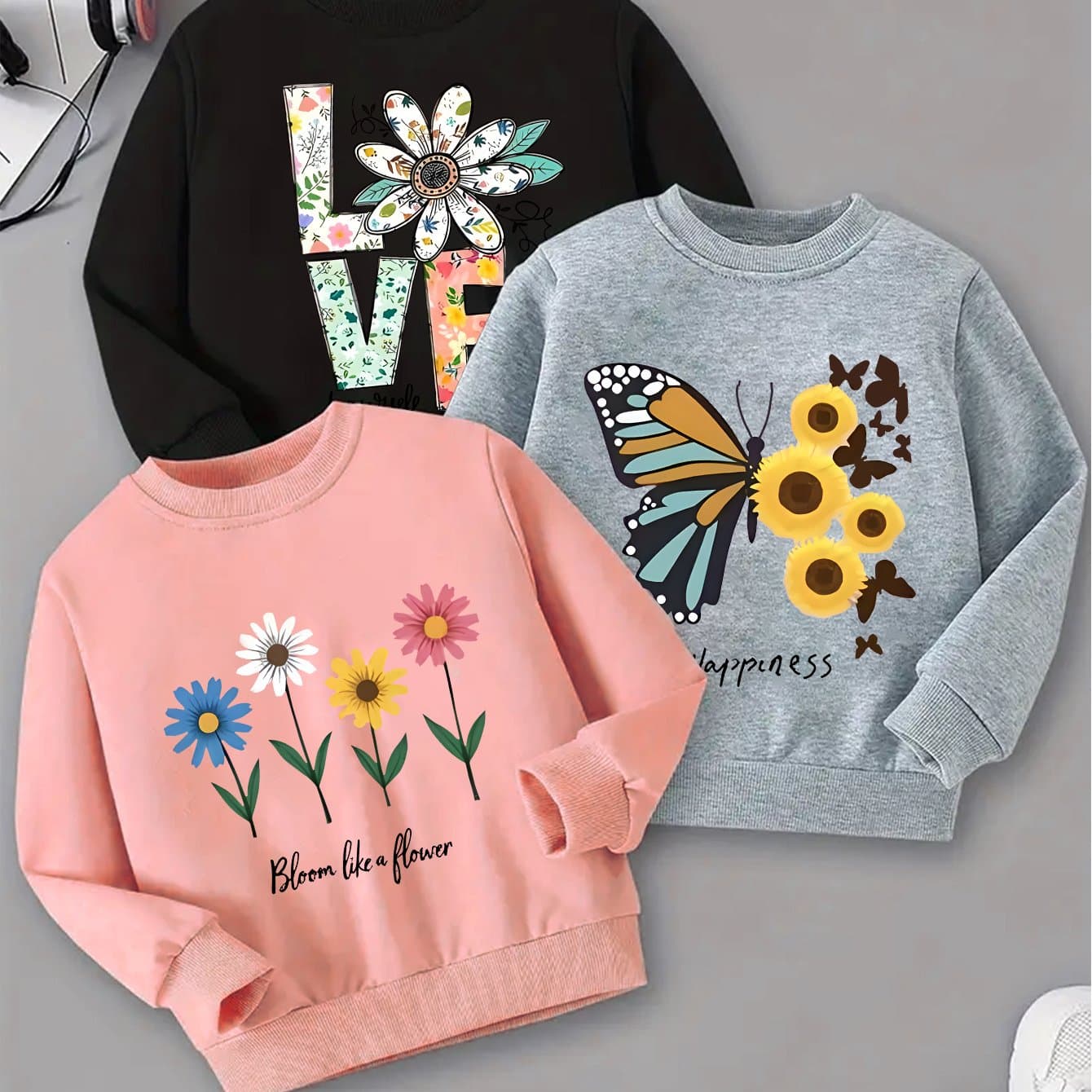 TEMU [ Are Sent] Boys/ Girls Round Neck Sweatshirt Flower Pattern Print Sweatshirt Autumn Casual Loose Fashion Long Sleeve Round Neck Sweatshirt Street Trend
