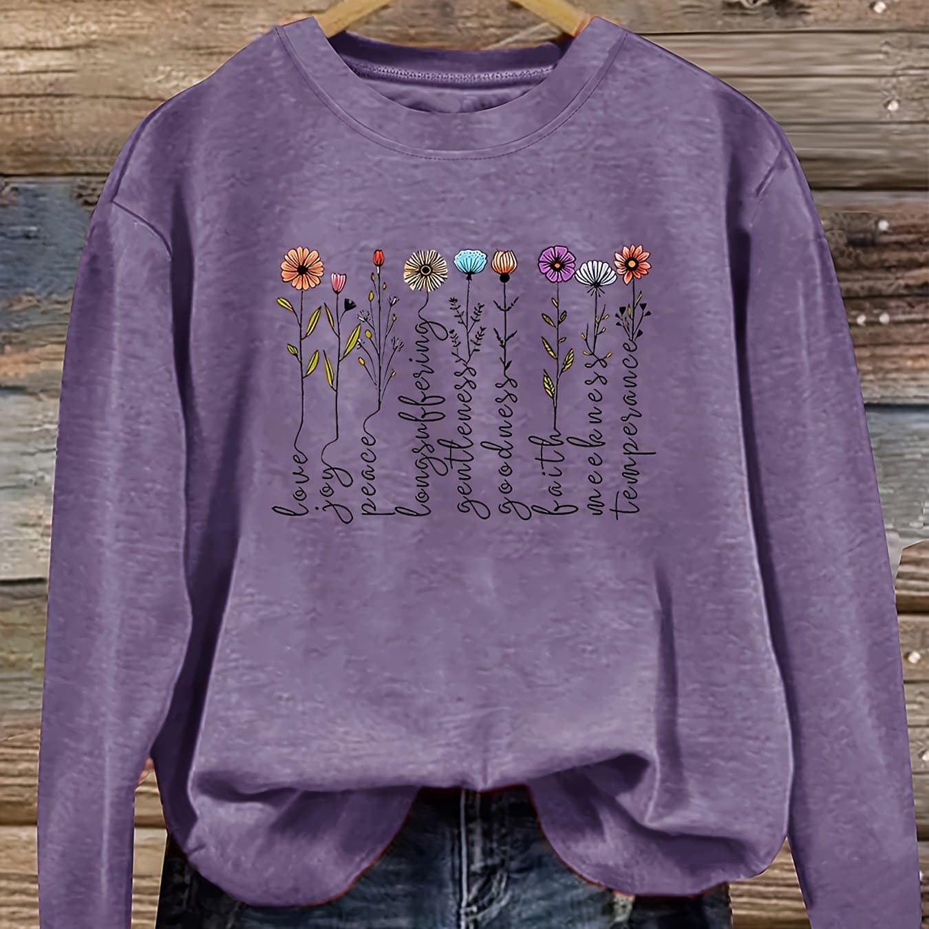 TEMU Vintage Colorful Small Daisy Fashion Women' Long Sleeve Crew Neck T-shirt Top