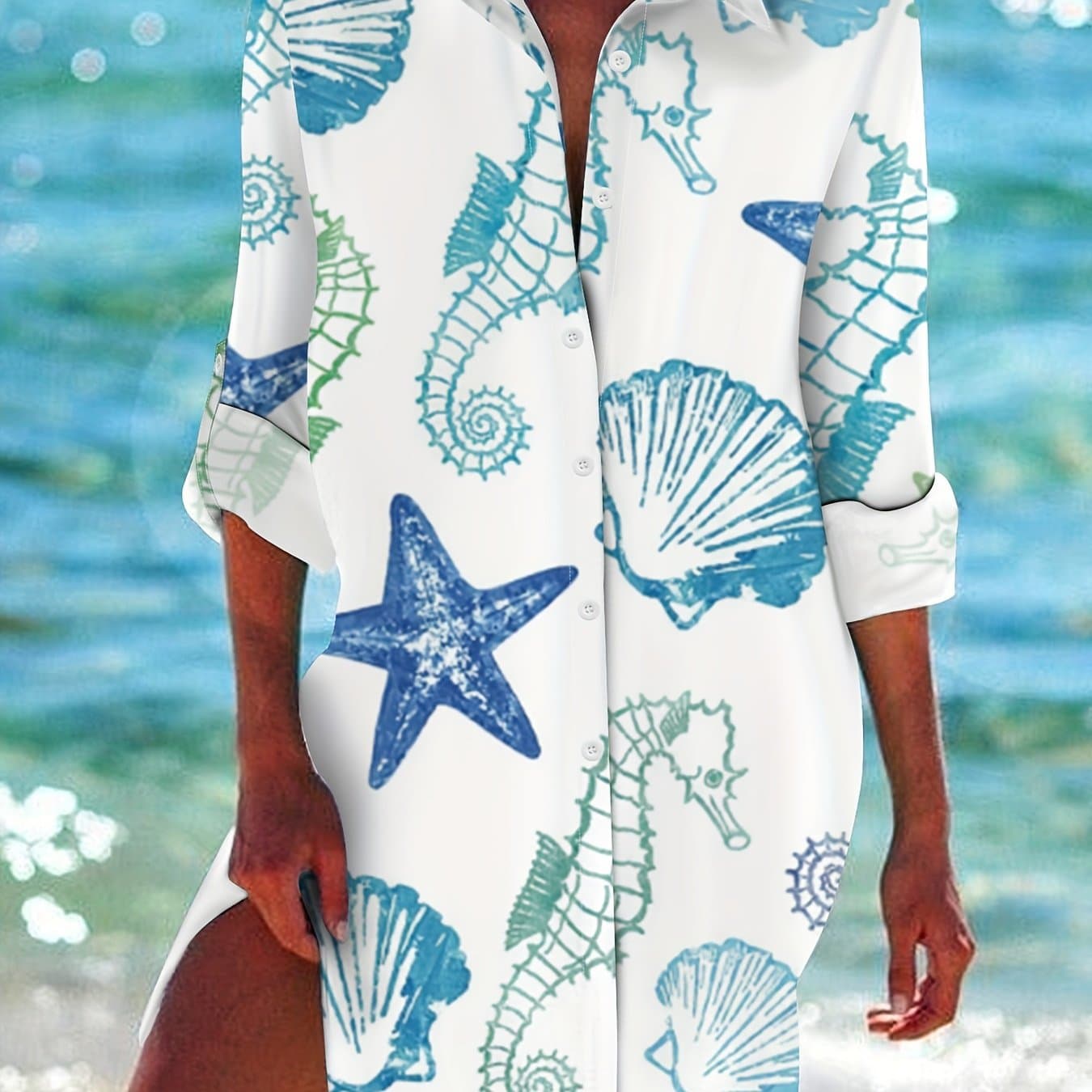 TEMU Loose Animal Print Lapel Beach Dress