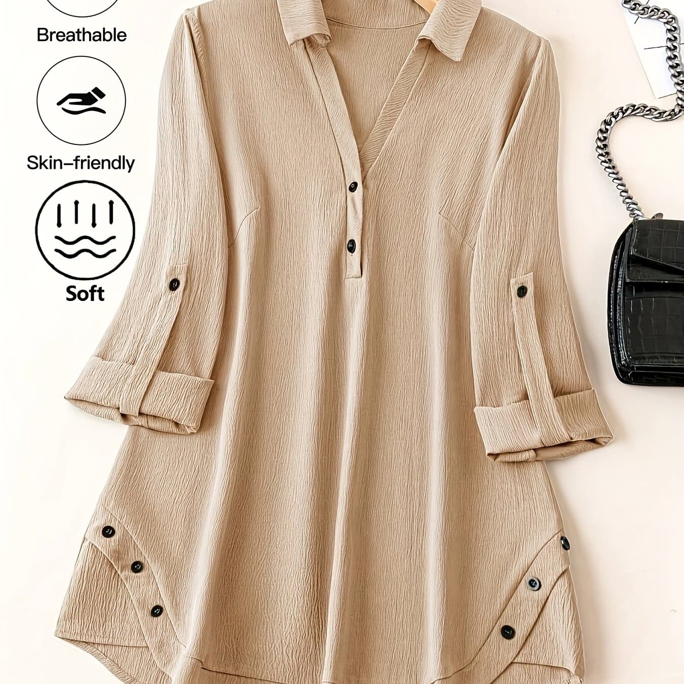 TEMU Plus Size, Women's Plus Size Fashionable Texture Rolled Edge Sleeve Design Blouse, Daily Commuting Loose Collared Long Sleeved Blouse