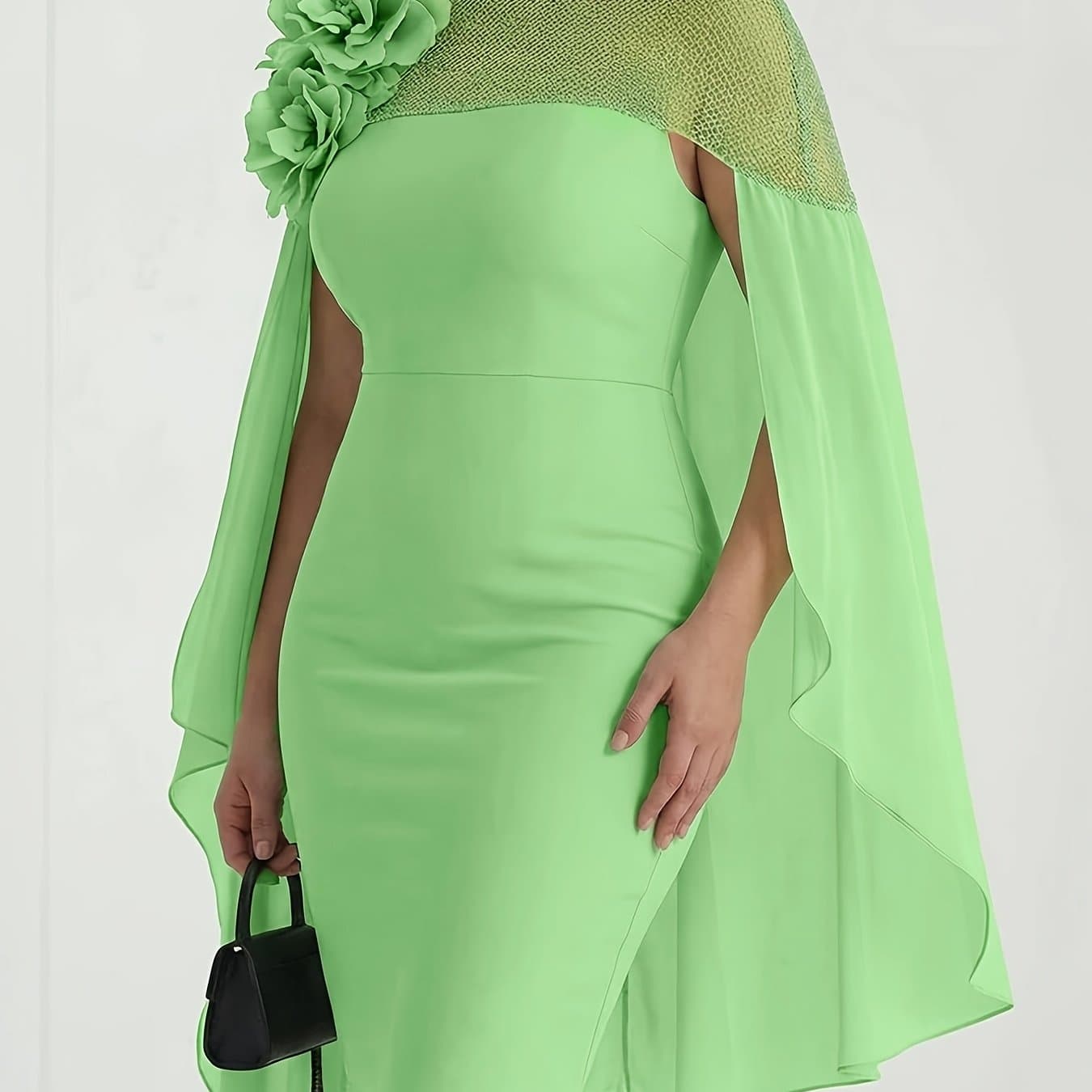 TEMU Plus Size - Plus Size Women's Spring & -neck Shawl-style Flower Decor Waist-cinched Dress | Elegant Temperament Design, Ideal For Formal Occasions Like Dinner Parties & Wedding Attendants