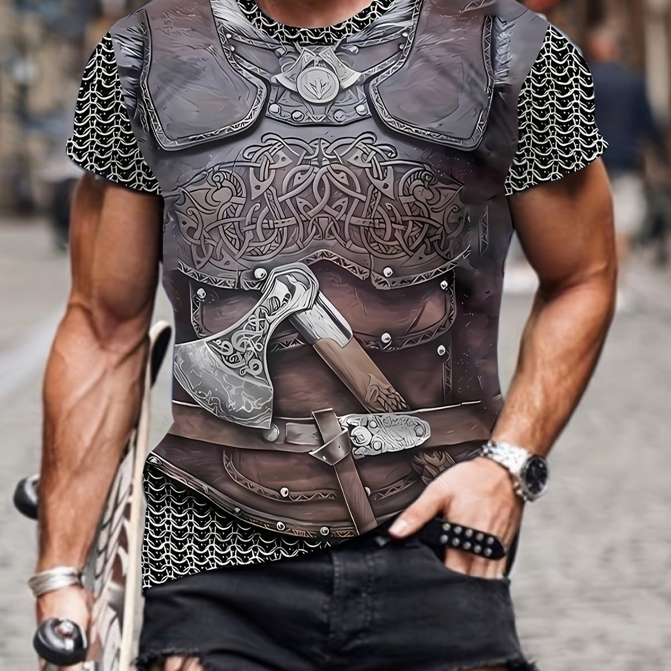 TEMU The Print Non-textural Creative Retro Armor Print T-shirt, Men's Style Stretch Round Neck Tee Shirt For Summer