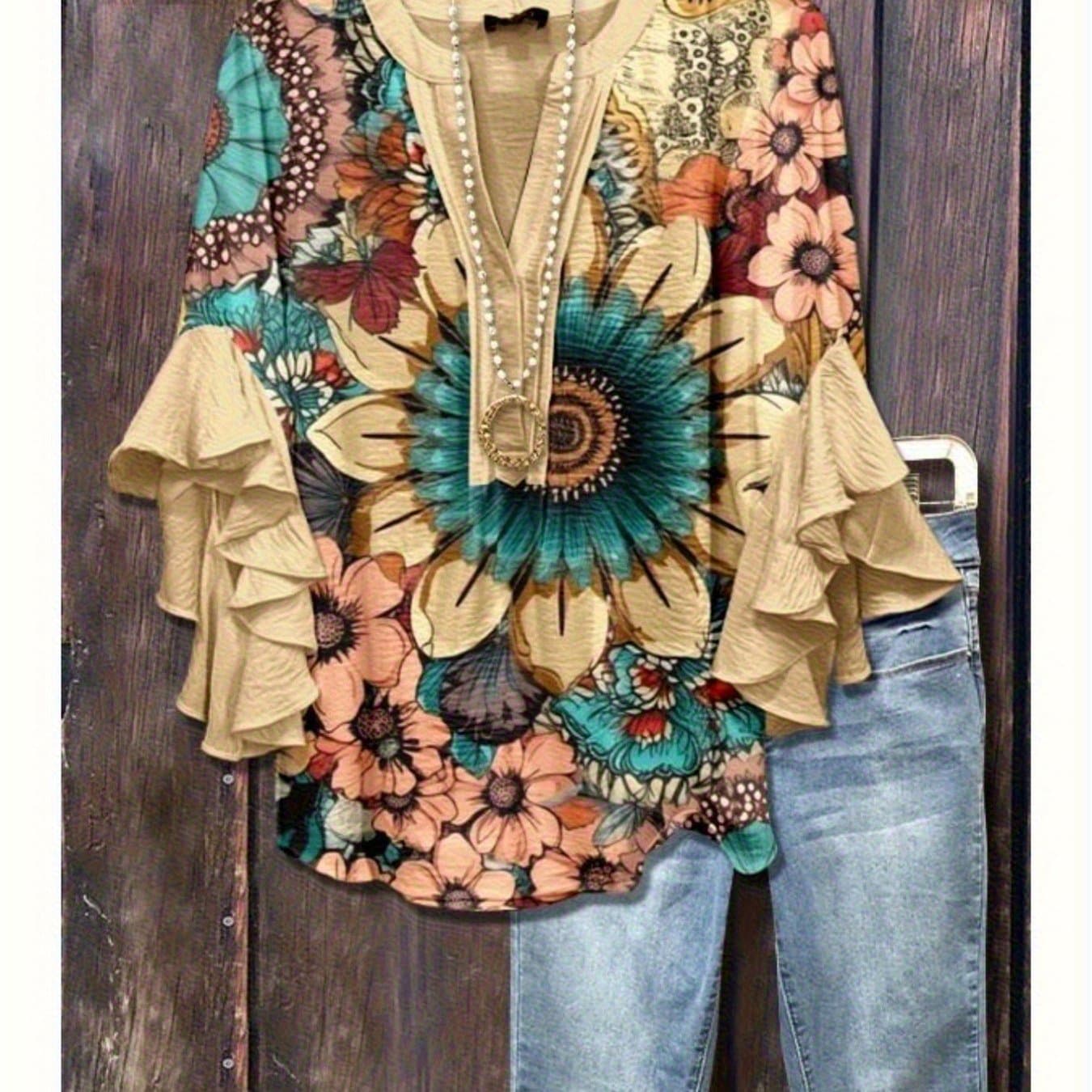 TEMU Women's Elegant Shirt - Turquoise V-neck Loose Top, Breathable Machine Washable Fabric, Casual Resort Style, Floral Print, , Textured Fabric