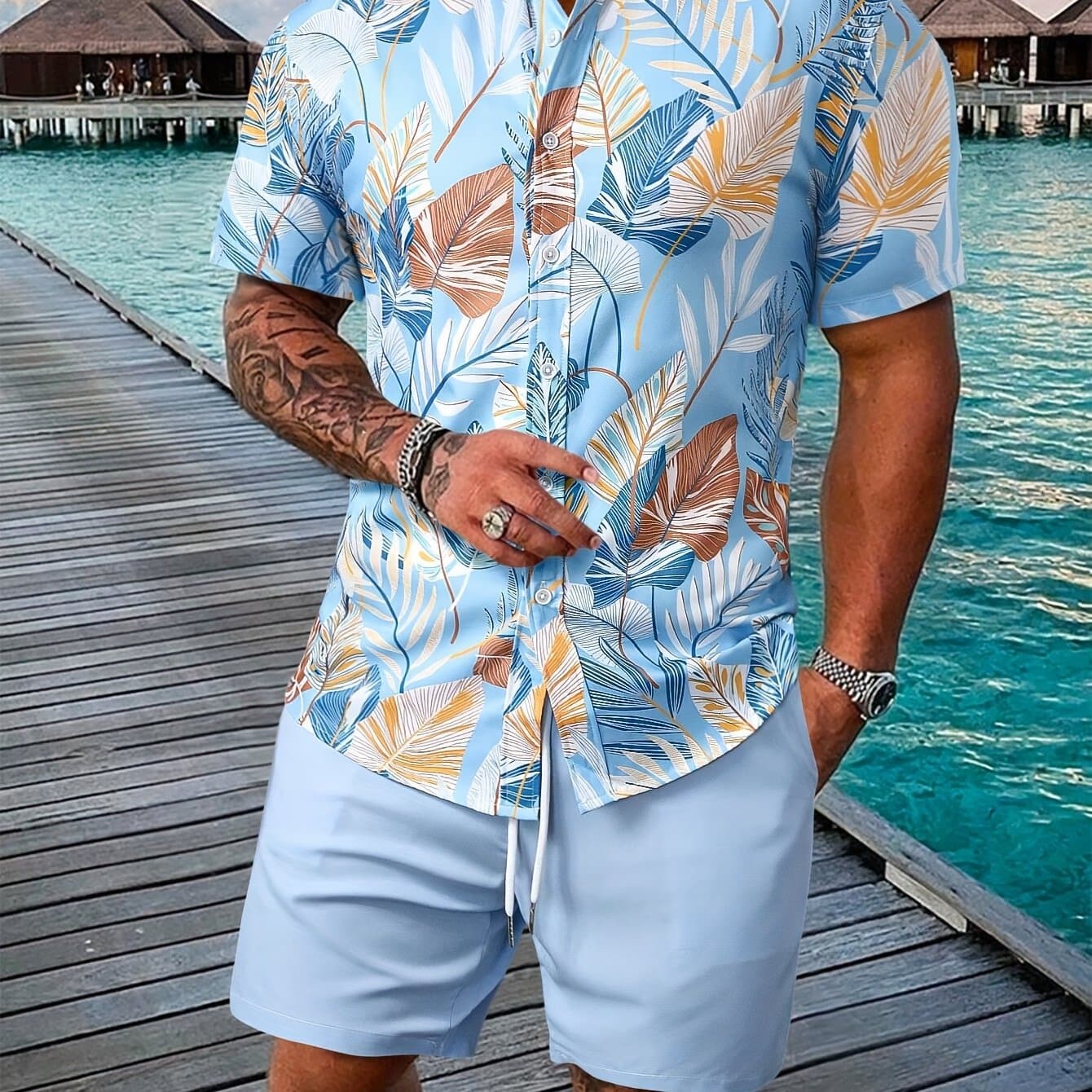 TEMU Men's Casual Vacation Colorful Tropical Print Shirt Without Shorts