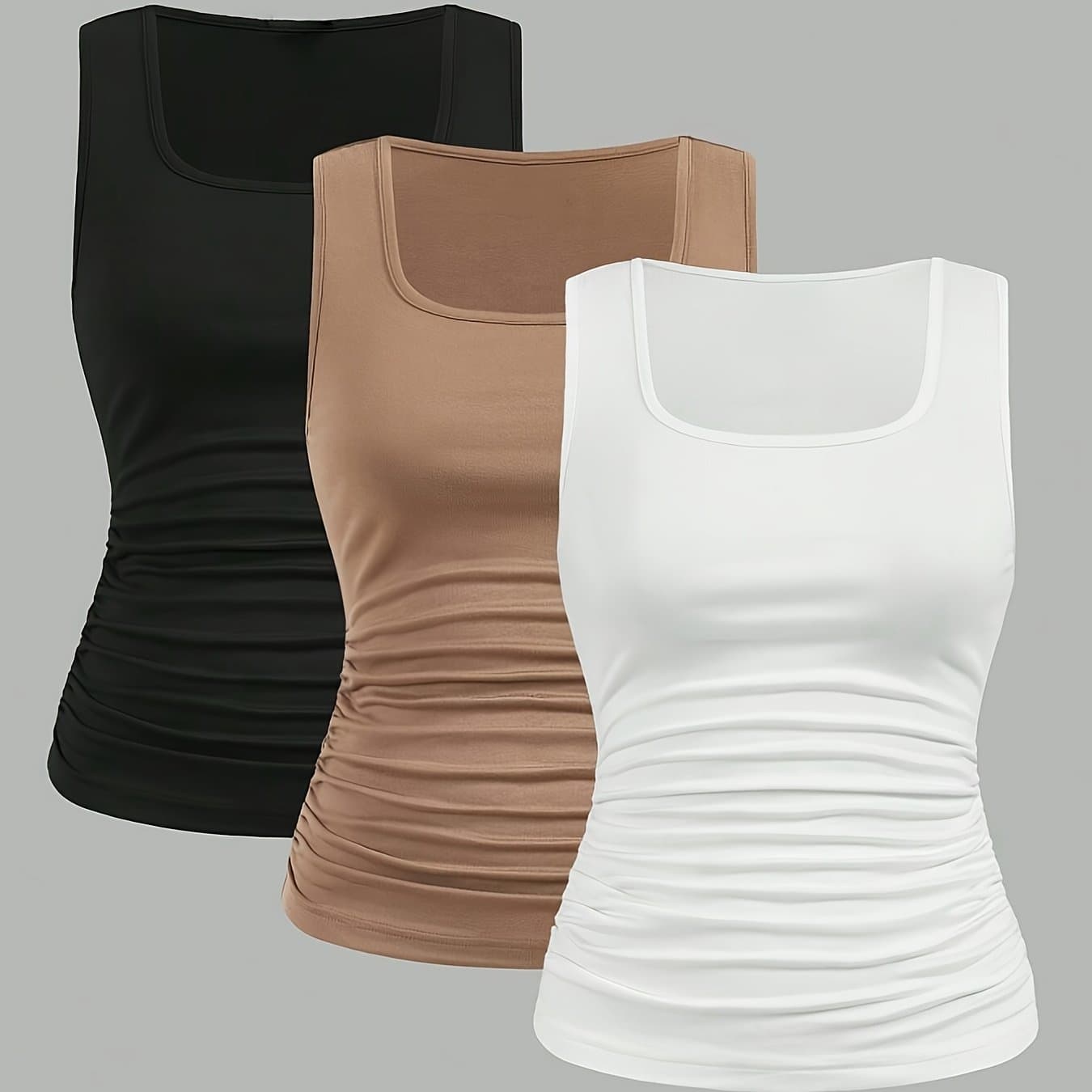 TEMU 3pcs Women's Slim Fit Solid Color Vest Casual Easy Pleated Top Base Wear Outerwear T-shirt Tight Top Sleeveless Vest