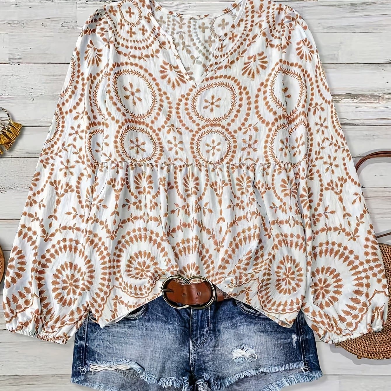 TEMU Women's New Casual Comfortable Bamboo Print Long Sleeve Shirt Top