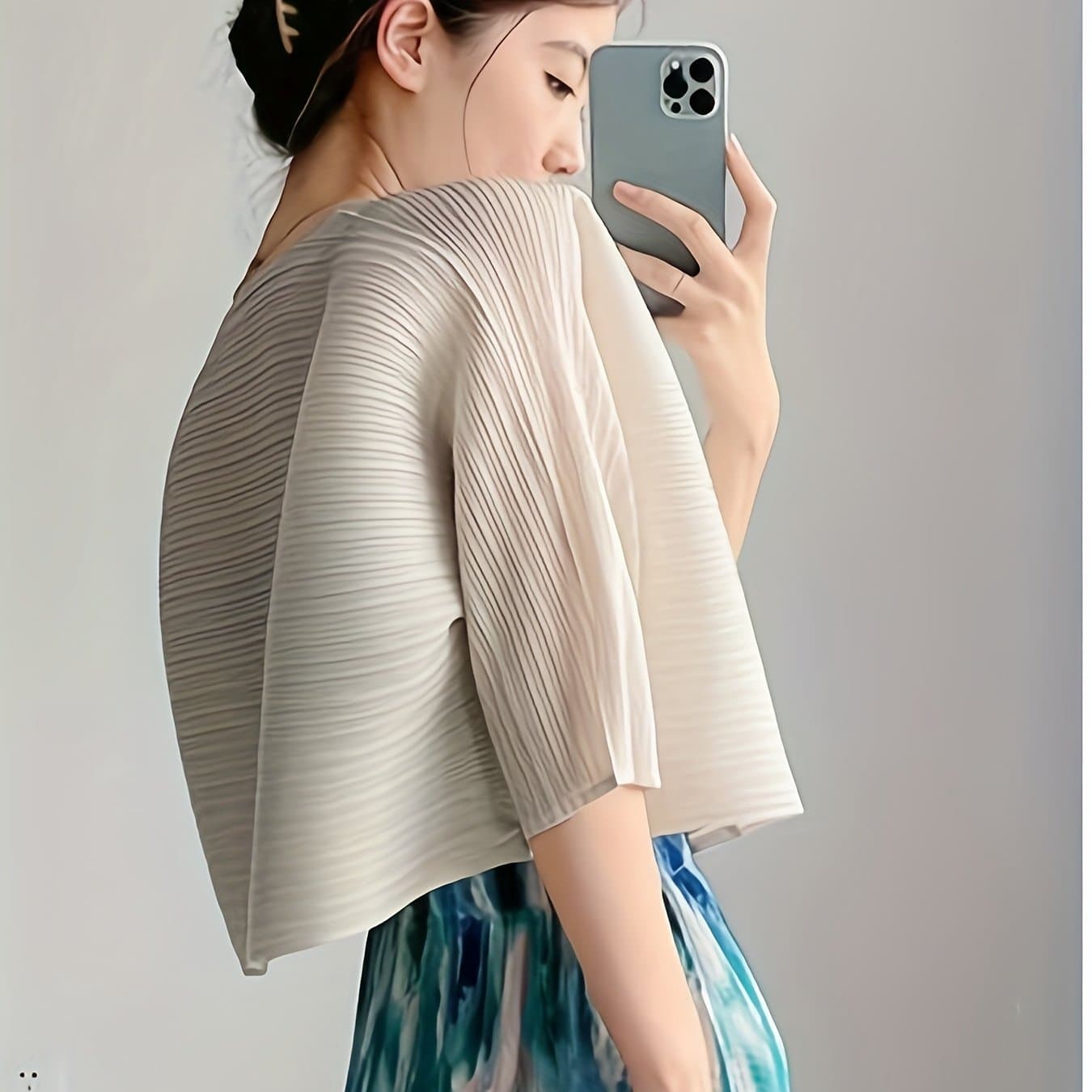 TEMU Women's Urban Casual Pleated Short Jacket, Single-button Design, Light Drape Fabric, Versatile Small Cardigan For Spring, Summer, And Autumn Commuting