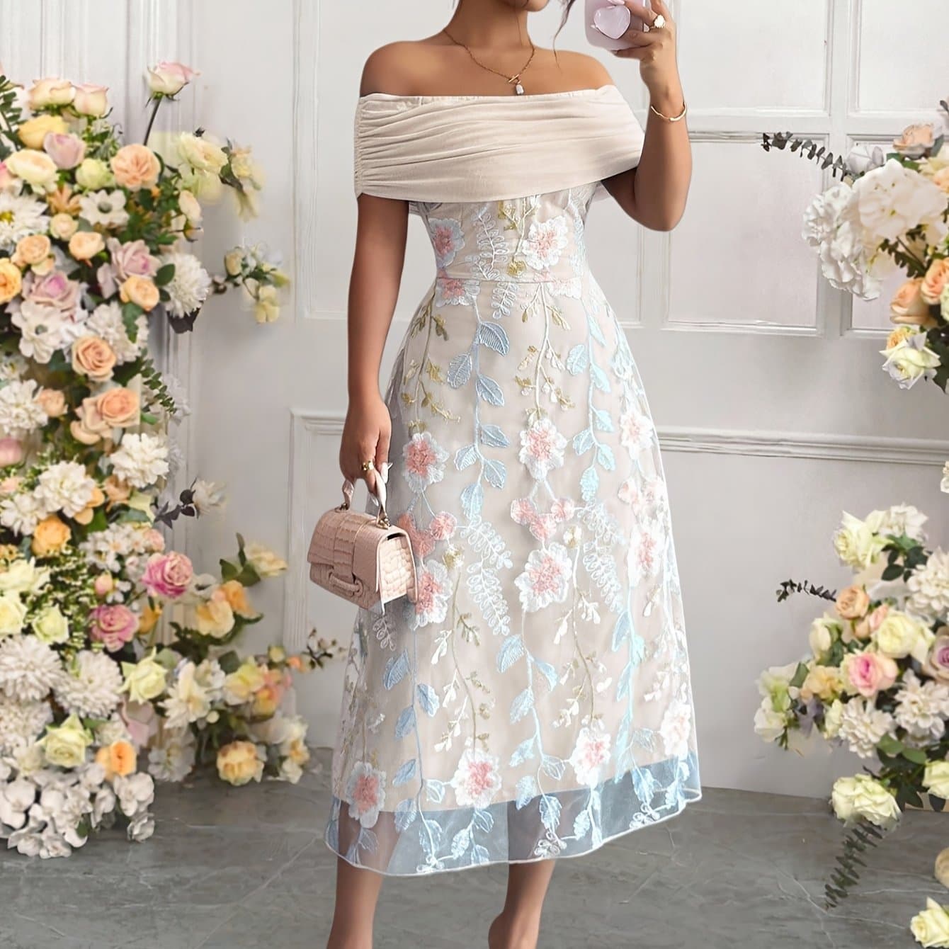TEMU Floral Solid -the-shoulder Neckline Elegant Party Women's Dress Bridesmaid Dress Gown