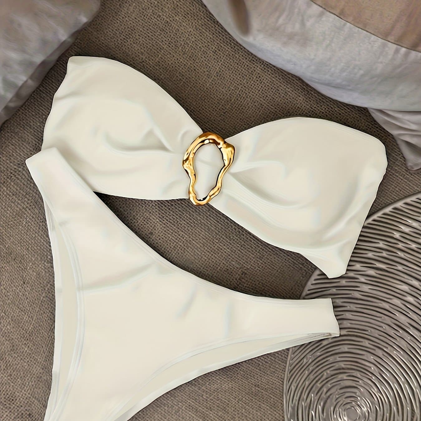 TEMU Sexy Bikini Set, Solid Color High-stretch Fabric, Irregular Embellished 1pc Strapless Bikini Top And Swim Briefs