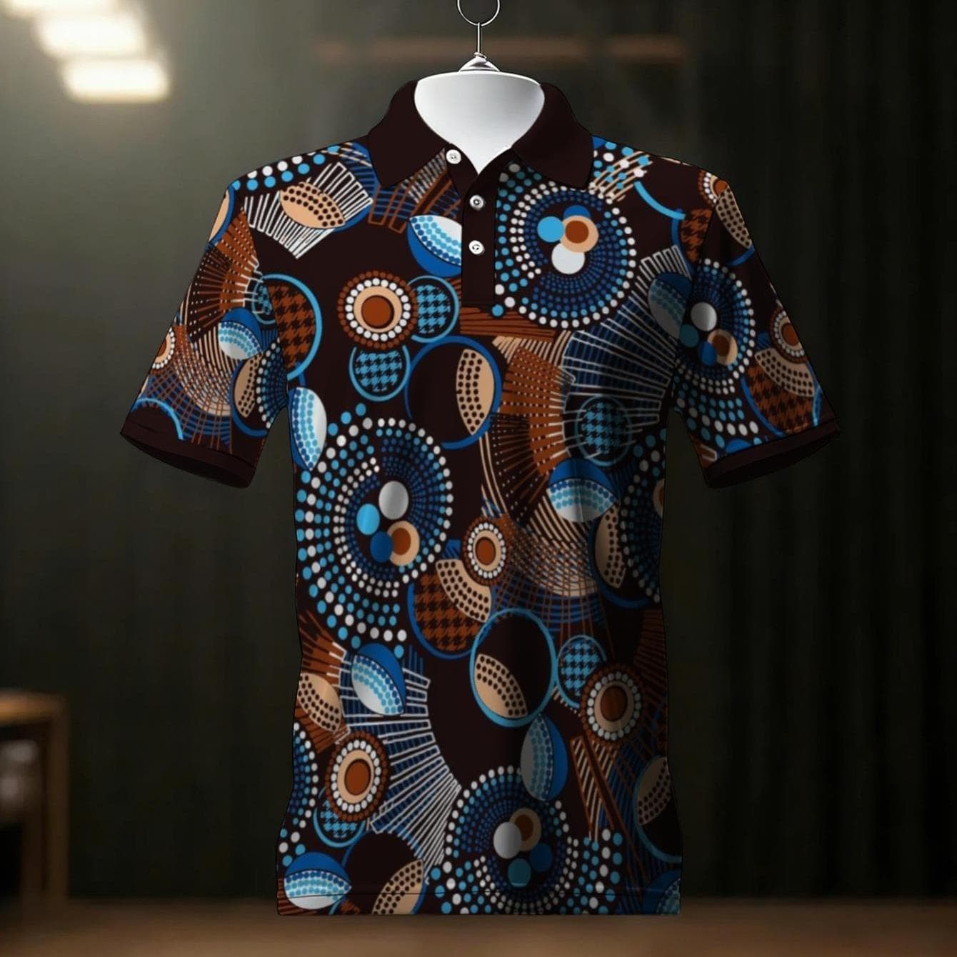 TEMU Men's Short Sleeve Shirt Brown Blue Abstract Geometric Circular Summer Beach Fashion Top- Printed Design- No Texture