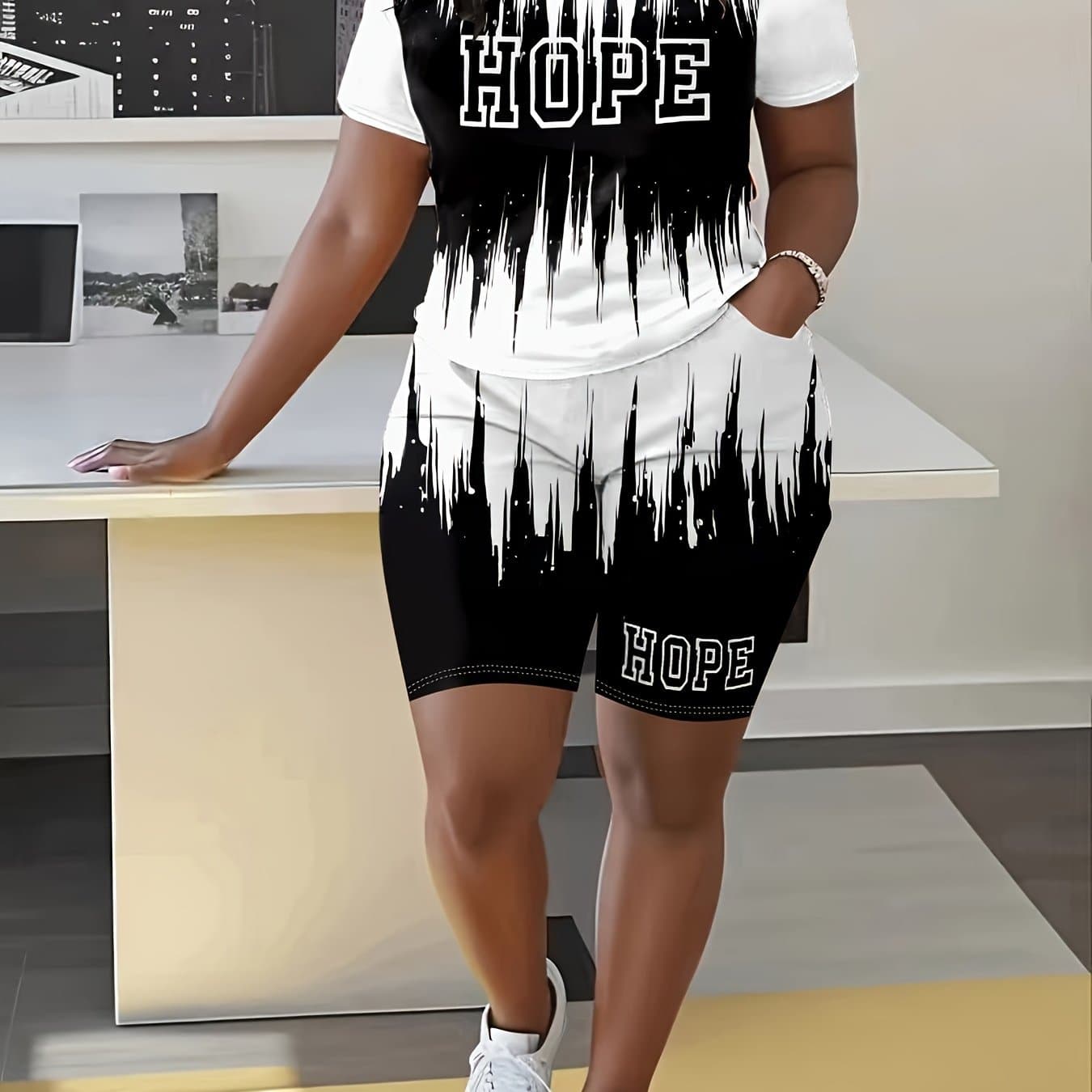 TEMU Plus Size Print Two-piece Set, Crew Neck Short Sleeve Top & Shorts Outfits, Women's Plus Size clothing