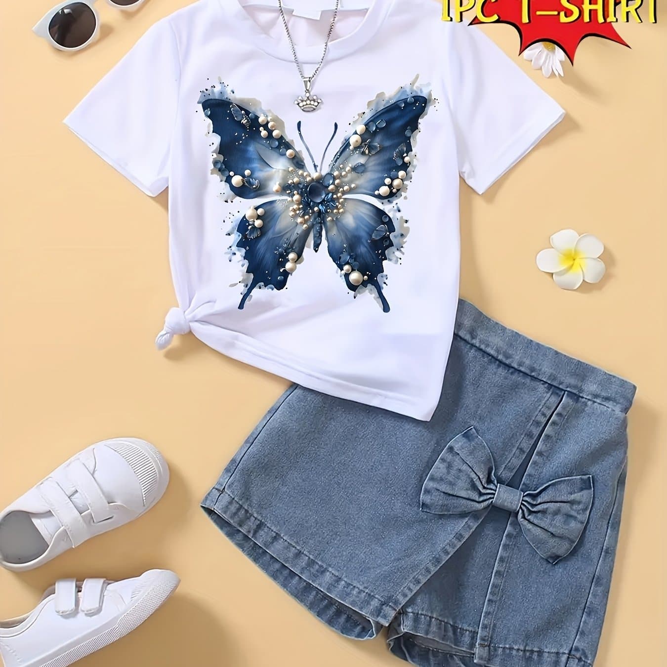 TEMU [only Sell 1pc] New With Pearls Pattern Short Sleeved 100% T-shirt Comfy Casual Cute Kids Clothes For Girls For Gift
