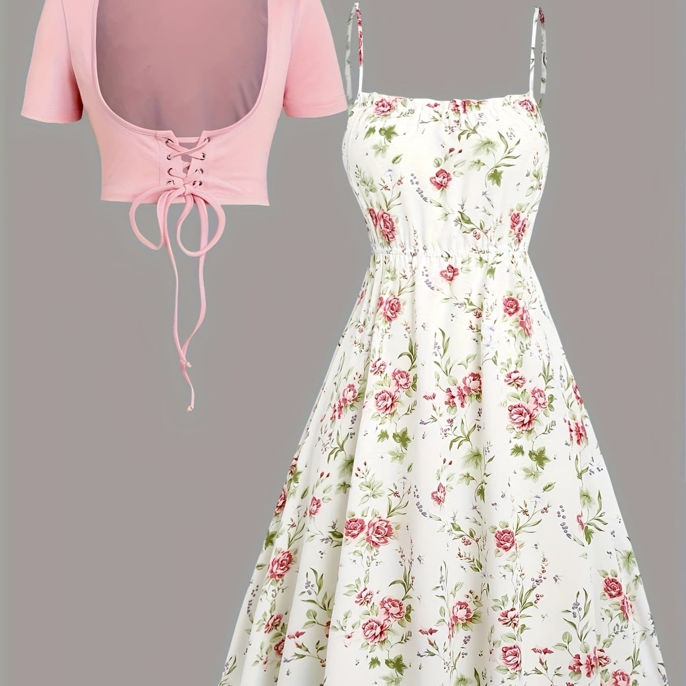 TEMU Floral Print Waisted Sleeveless Cami Dress And Solid Lace Up Short Sleeve Crop Top Set