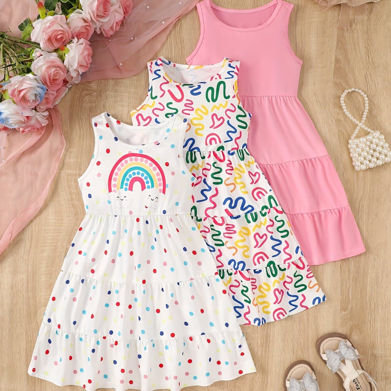 TEMU 3pcs Summer Girls 8 Years Sleeveless Dress Holiday Gift Party Teenage Dresses Children Casual Dressy Dress 10 Years Chic Peplum Casual Skirt Sleeveless Suspenders