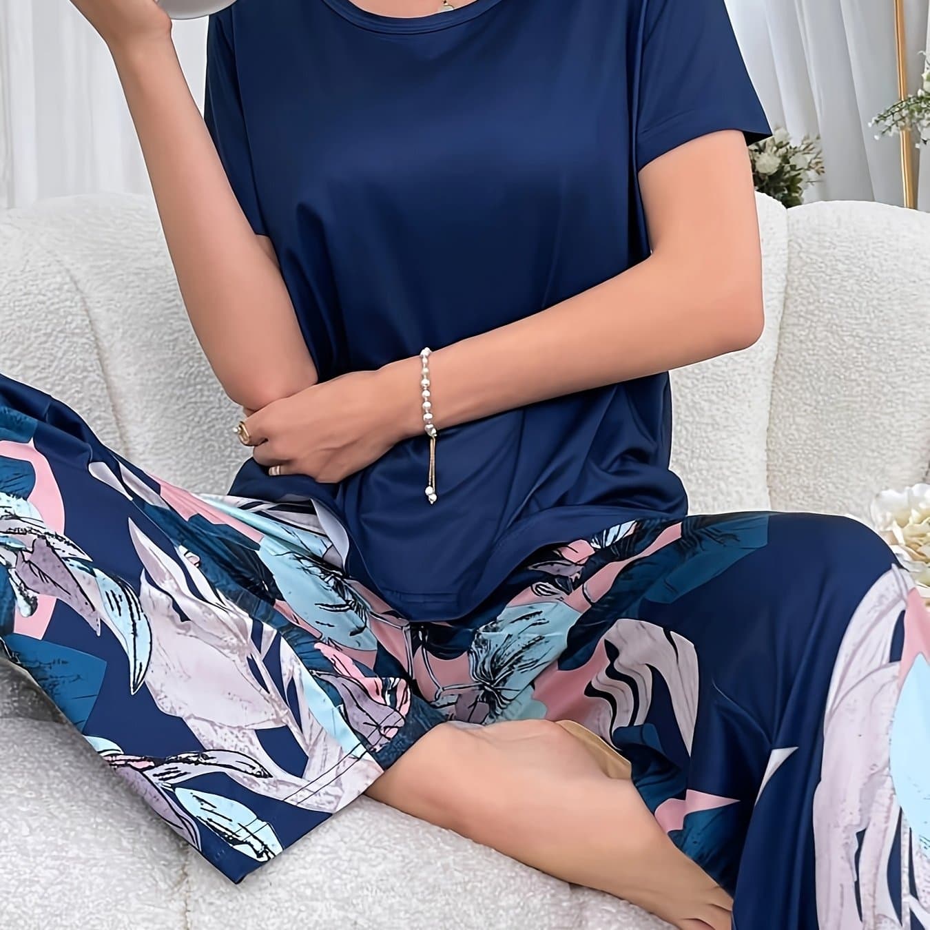 TEMU Women's Comfortable Round Neck Floral Print Pajama Set, Casual Loose Fit Loungewear