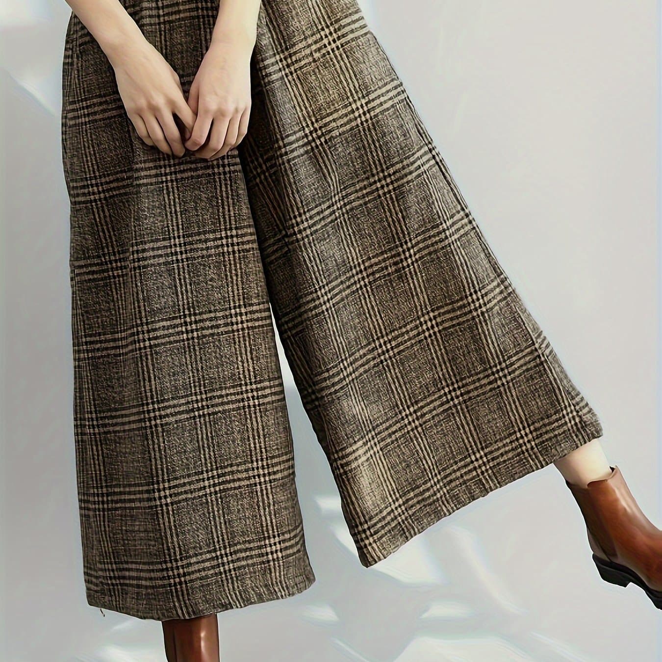 TEMU Retro Casual Wide-leg Pants With Checkered Pattern