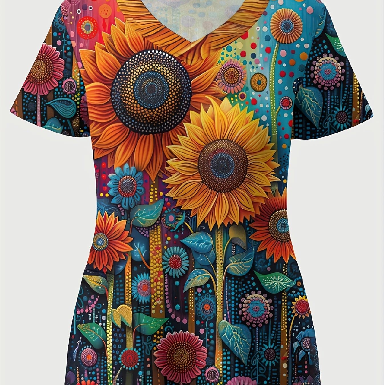 TEMU Plus Size, Sunflower Element Print Top - Stylish V-neck Design, Functional Patch Pocket, High-quality Healthcare Uniform For Female Professionals - Workwear For Women