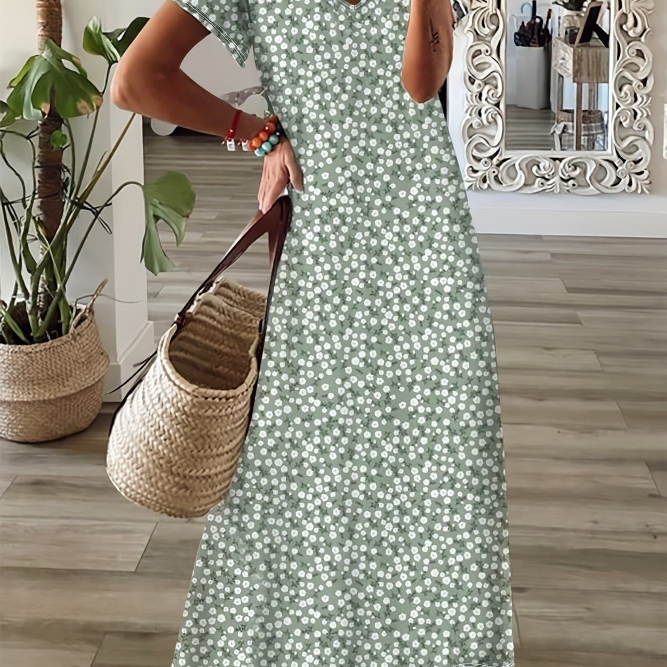 TEMU Spring, Summer, Autumn Small Floral Holiday V-neck Women's Thin Elegant Long Dress