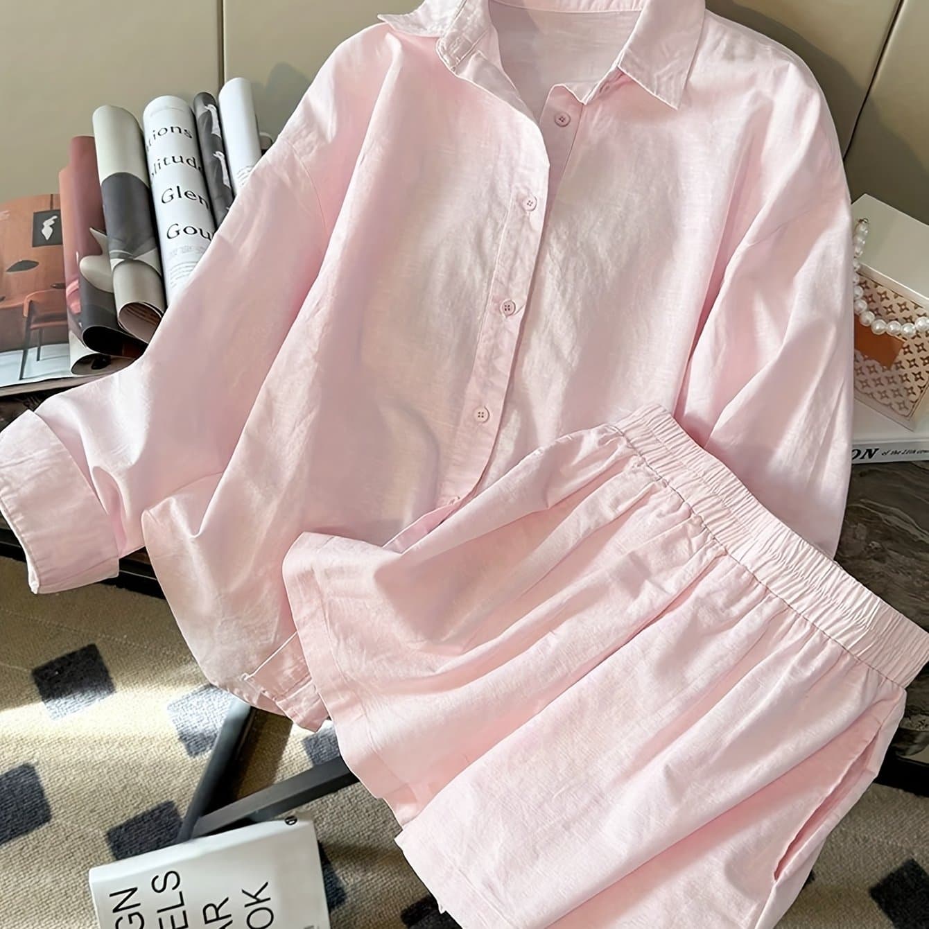 TEMU 2pcs Women's Casual Simple And Stylish Loose Long-sleeve Top And Shorts Set