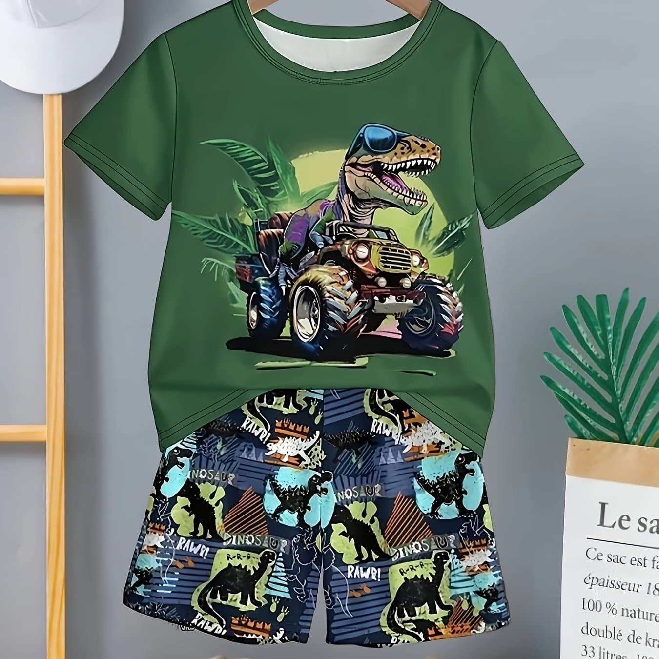 TEMU Boys Car Dinosaur Print Shorts Set | Casual Loose Fit, Spring/summer, Crew Neck, Regular Sleeve, Slight Stretch Fabric, For Outdoor