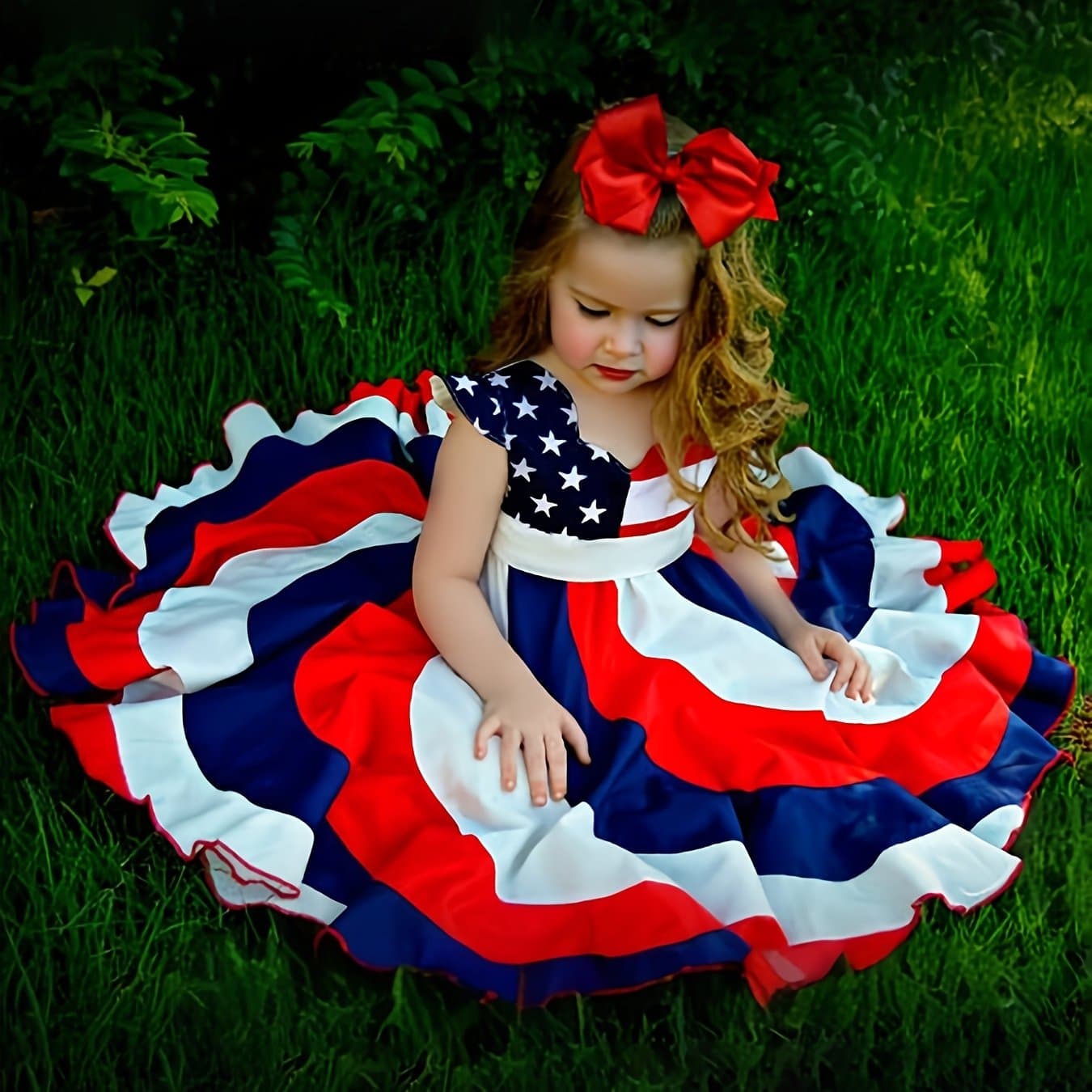 TEMU Girls' Outfit - Short Sleeve Twirl Dress In Red, White & And Stars, Ideal For Summer On The