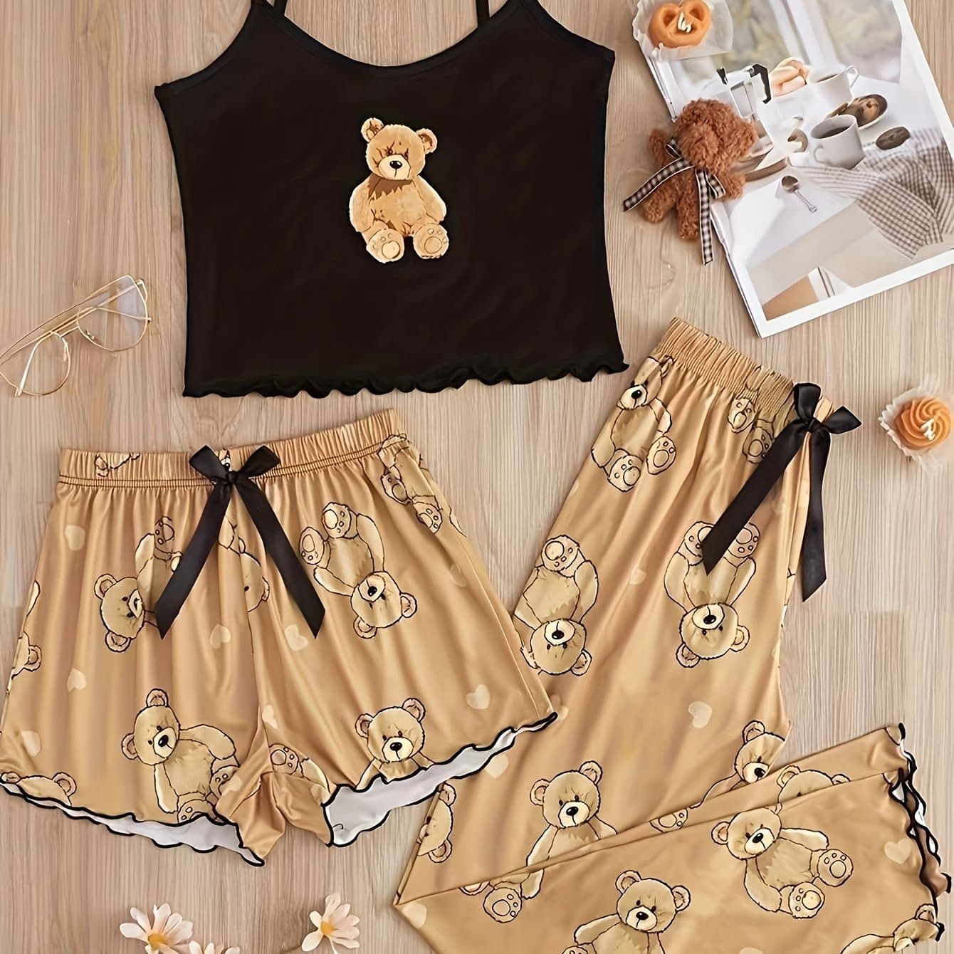 TEMU Women's Teddy Bear Print Pattern Soft Fabric Cami Top And Shorts 3pcs Pajama Set