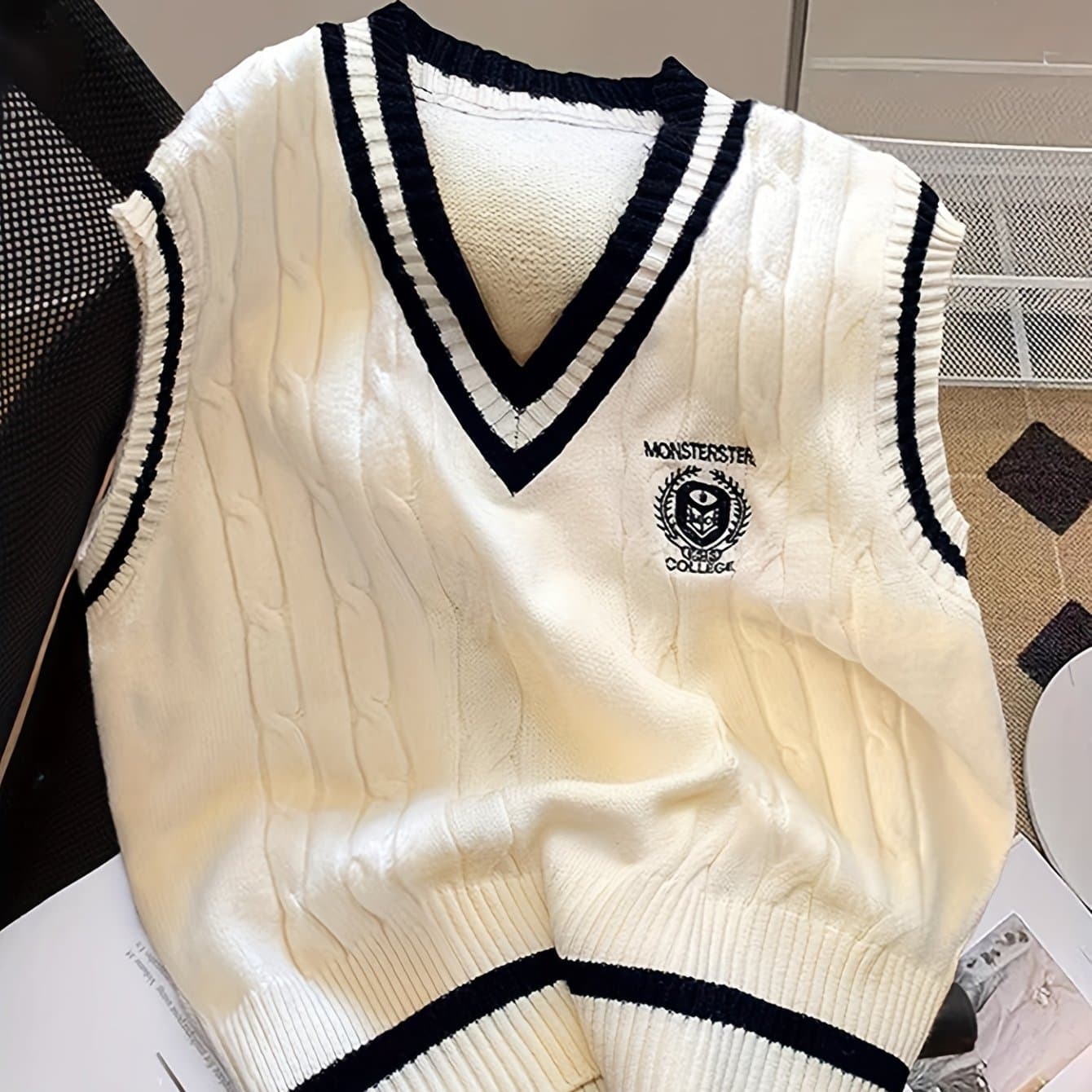 TEMU European And American Autumn/winter Versatile Twist Pattern Badge V-neck Vest Sweater Vest Outerwear