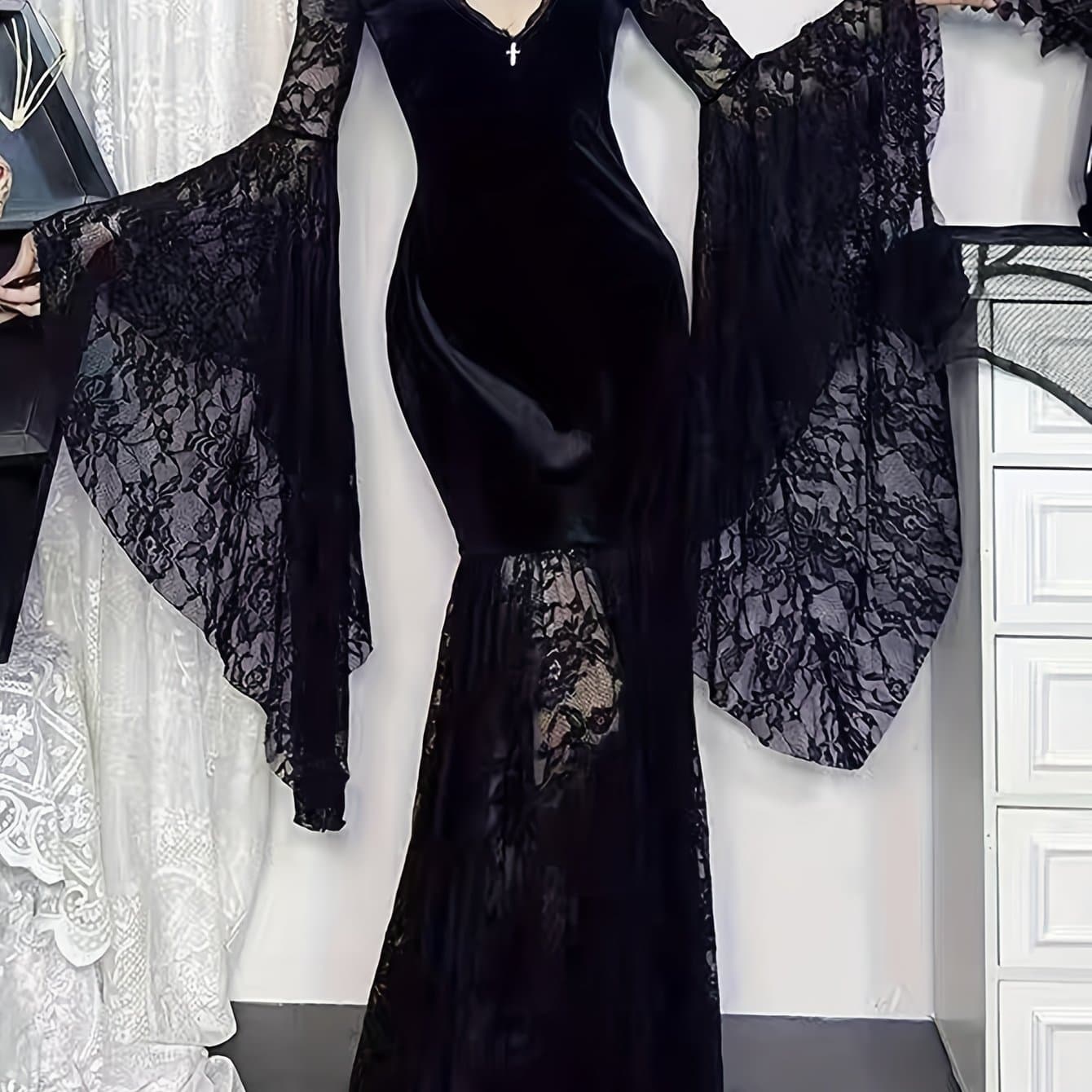 TEMU Women's Gothic Dark Halloween Long Dress, Velvet Lace Sexy Niche Dress. Unique Flared Sleeve Dress