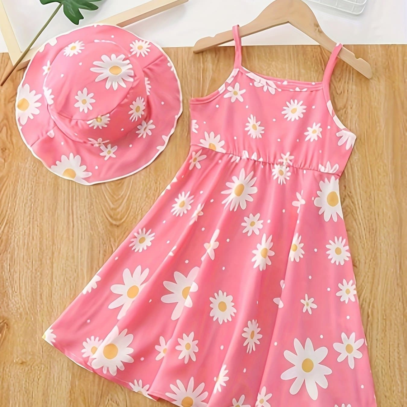 TEMU Summer Girls Flower Print Dress Children's Casual Dress Spring/summer Popular Western Style Little Girl Fashion Versatile Casual Print Full Print Dress (including Hat)