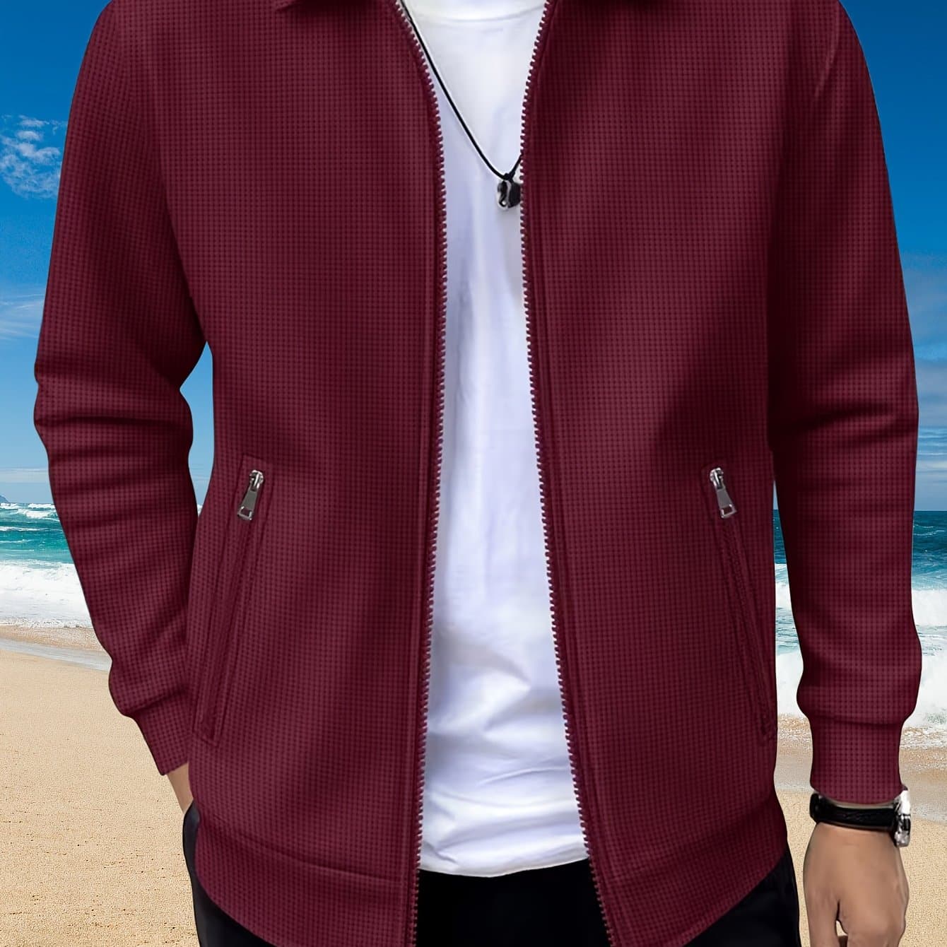 TEMU /summer Men's Lapel Waffle Knit Outdoor Sports Comfortable Long-sleeve Zipper Jacket, Available In Multiple Colors, Used As 's Birthday Gift