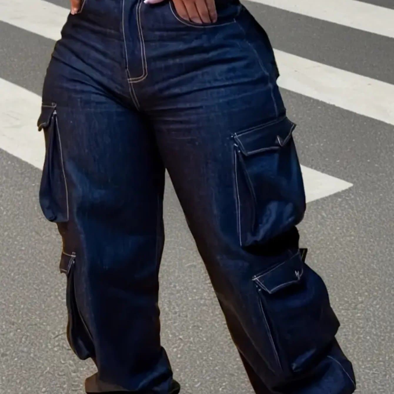 TEMU Women's High Waist Cargo Jeans - Stretch Skinny Pants With Multiple Utility Pockets, Non-see-through Fabric For Everyday & Formal Outfits - Machine Washable Jeans For Women