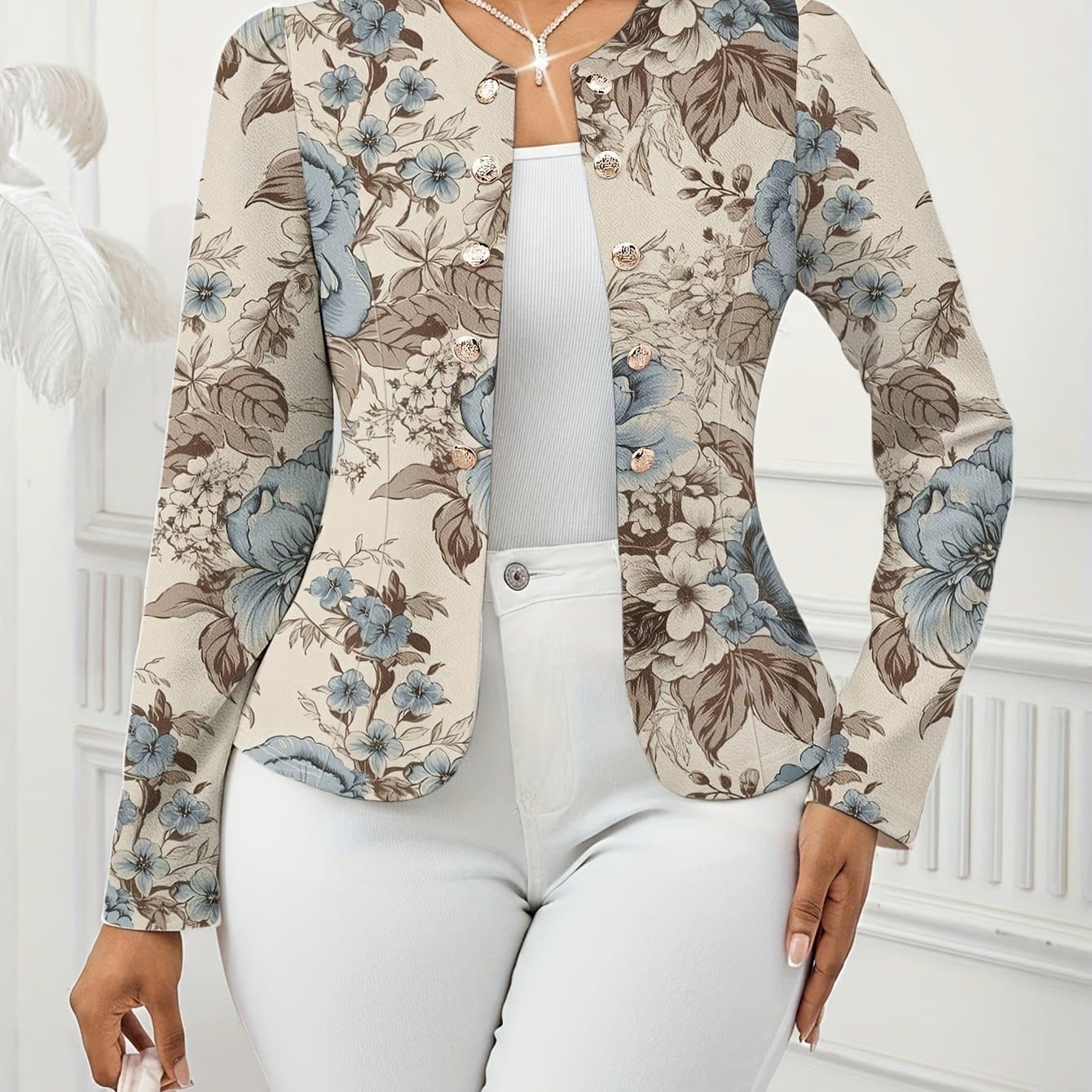 TEMU Women's Clothing, Women's Outerwear, Women's Lightweight Jacket, Women's Button Detail Open Front Jacket, Fall Winter Style Women's Thin Jacket Long Sleeve Elegant Romantic Casual Business Casual