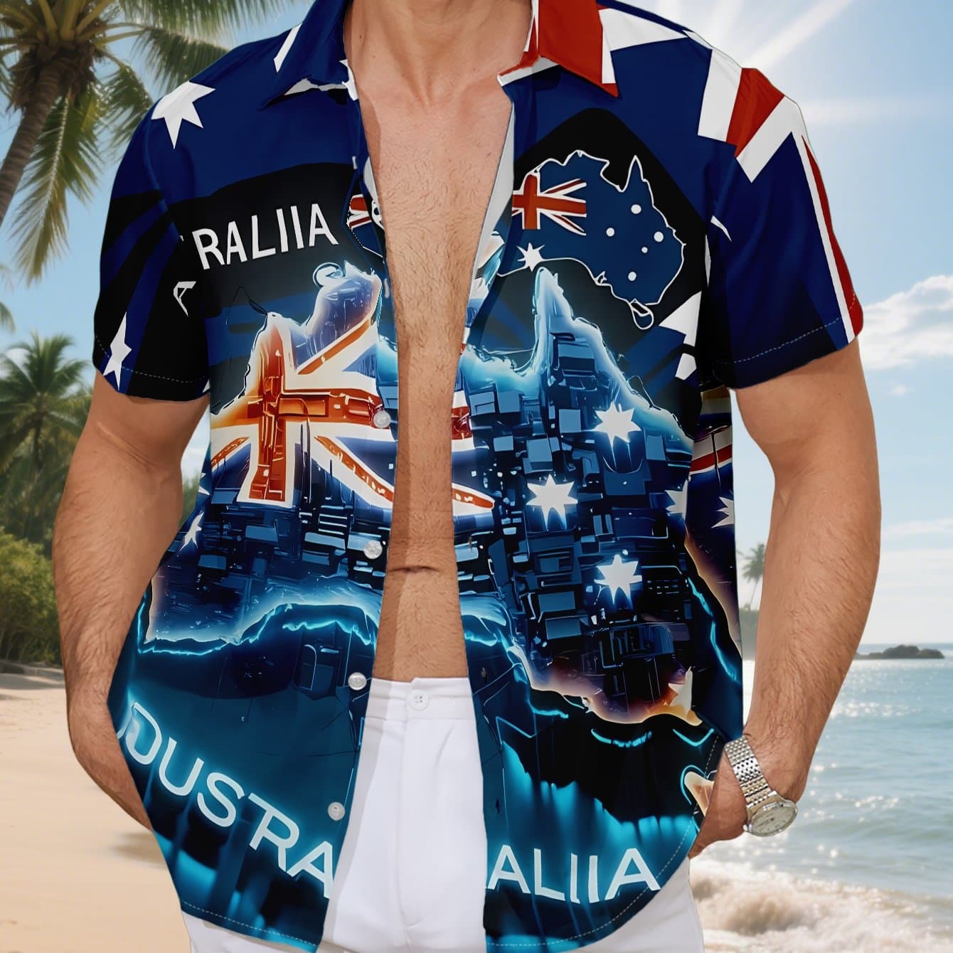 TEMU Men's Australian Flag Print Short-sleeve Shirt - Full-body , Loose Fit Collar, Lightweight Casual Summer Shirt For Beach, Bbq & Outdoor Activities (australian Theme Casual Wear)