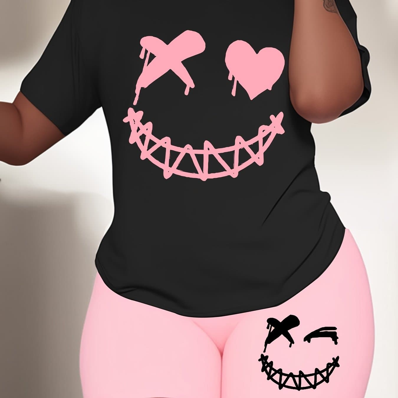 TEMU C008002 Dd J3 Black Short-sleeve Top And Pink Shorts Set