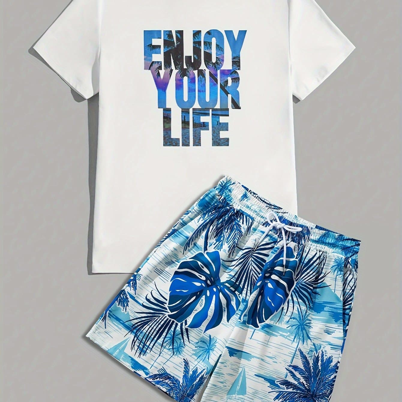 TEMU Men's Tropical Coconut Tree Print 2pcs Set: Casual Short Sleeve Tee & Drawstring Shorts - Breathable Polyester, Summer Fashion