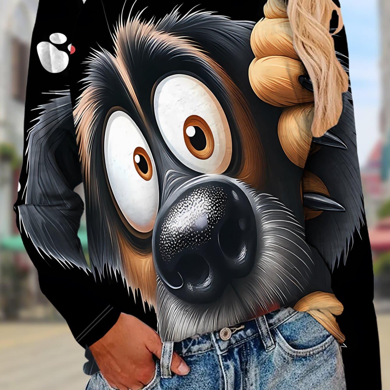 TEMU -style Long Sleeve T-shirt | Cartoon Dog With And Tongue, Heart-shaped , , Machine Washable, Ideal For Vacation And Outdoor Gatherings